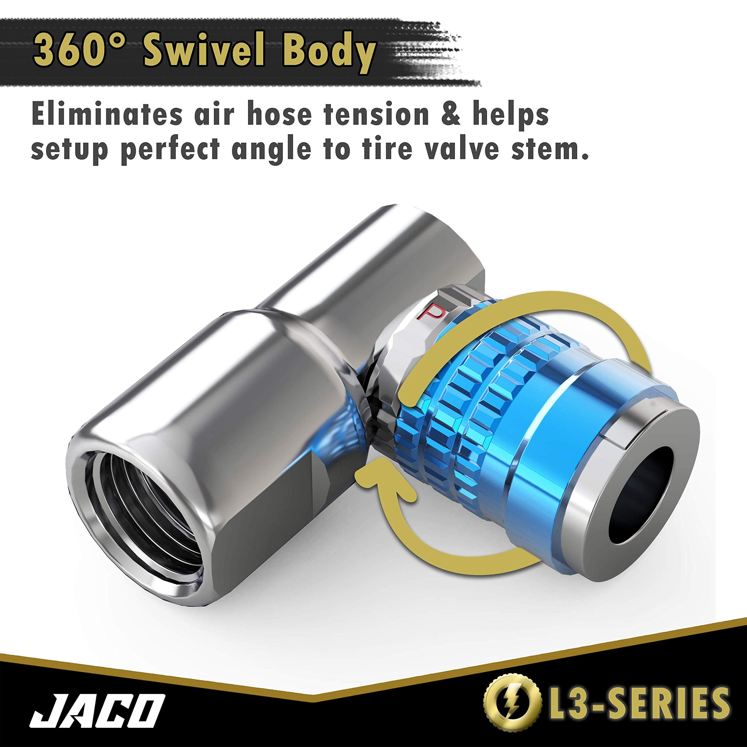 Jaco Lightning Bike Tire Air Chuck (L3-Series) | Presta & Schrader Valves | Open Flow, 1/4'' F-Npt (2 Pack)