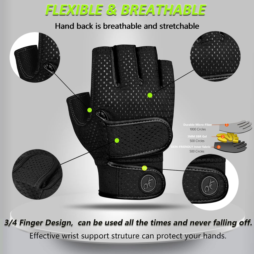Moreok Workout Gloves Padded Weight Lifting Gloves For Men/Women, [3Mm Gel] Fingerless Grip Gym Gloves Fitness Gloves Black-Xl