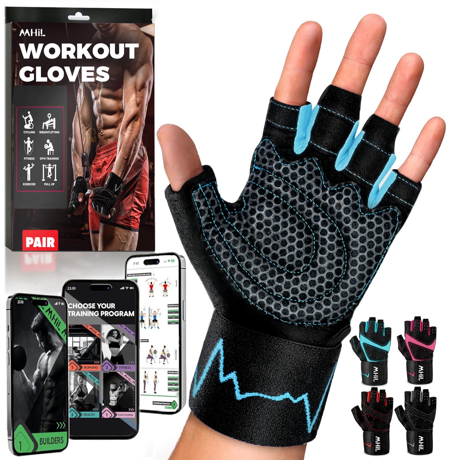 MhIL Workout Gloves for Men - Comfortable Gym Gloves for Men with Enhanced Grip for Safety and Hand Protection - Weight Lifting 