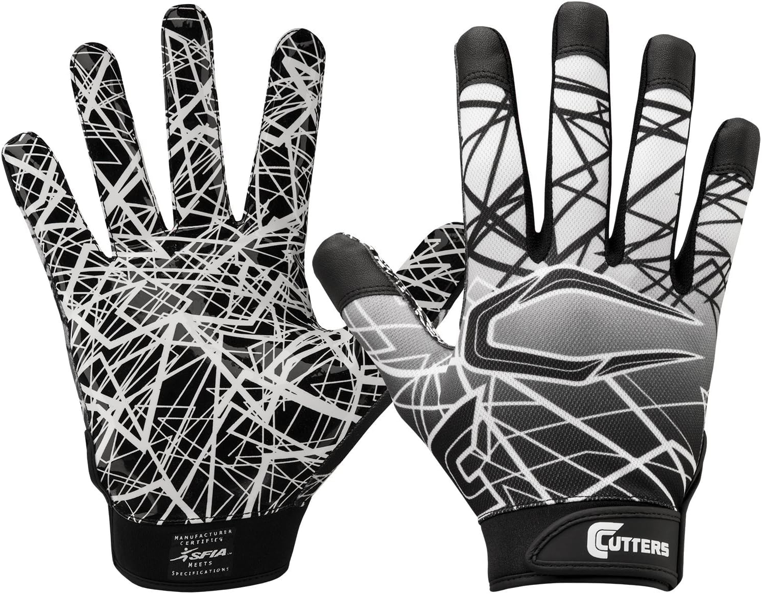Cutters Football Gloves - Game Day Football Receiver Gloves with High Tack Silicone Grip, Superior Support and Protection - Blac