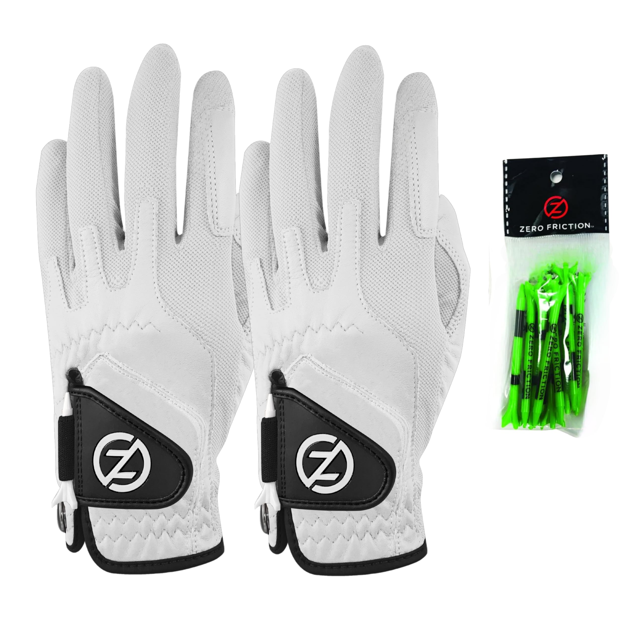Zero Friction Male Mens Cabretta Elite Golf Glove 2 Pack, Free Tee Pack White & White, Universal Fit (Gl72007)