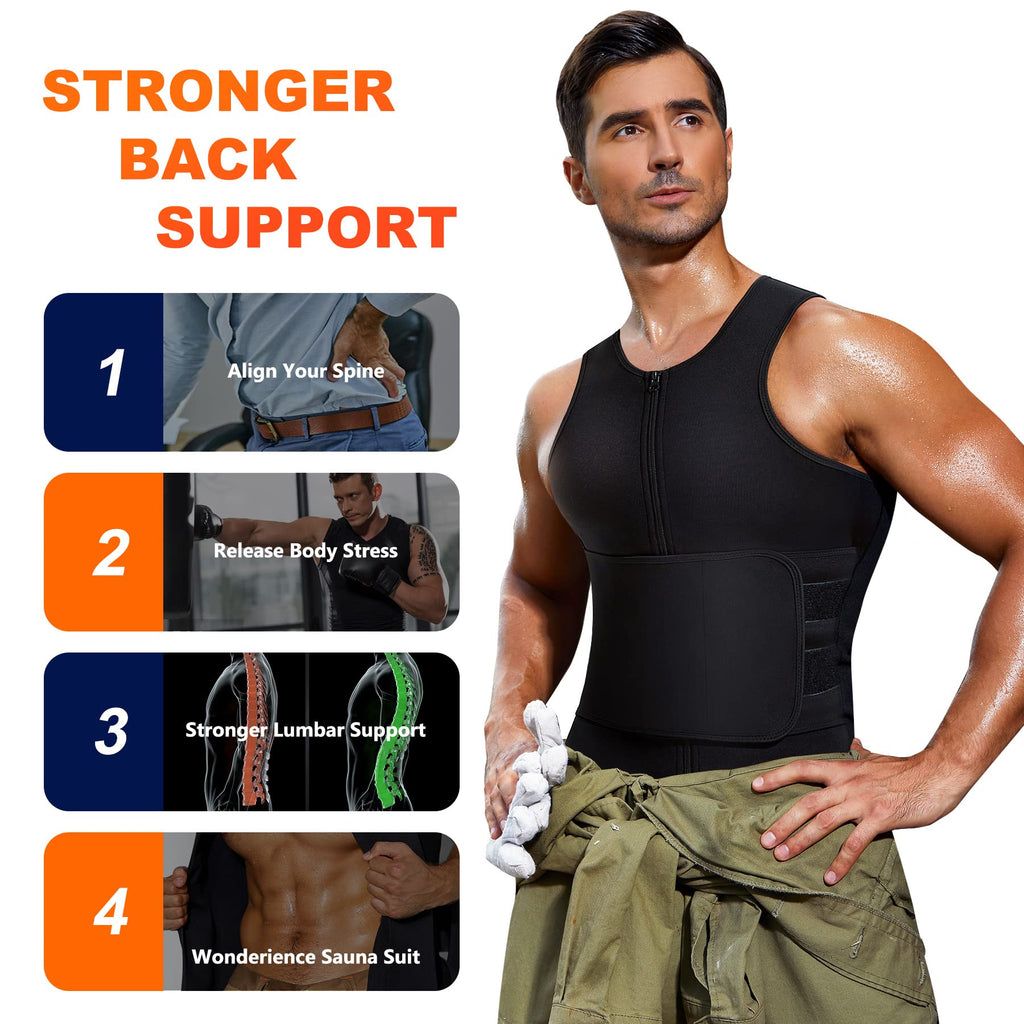 Wonderience Neoprene Sauna Suit For Men Waist Trainer Vest Zipper Body Shaper With Adjustable Belt Tank Top (Black, 2X-Large)