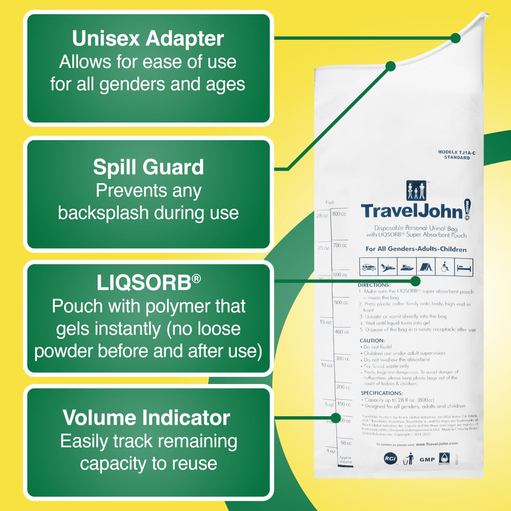 Traveljohn Disposable Urinal For All Genders, Adults, And Children (6 Pack) Designed For Emergencies, Travel, Camping, Long Car