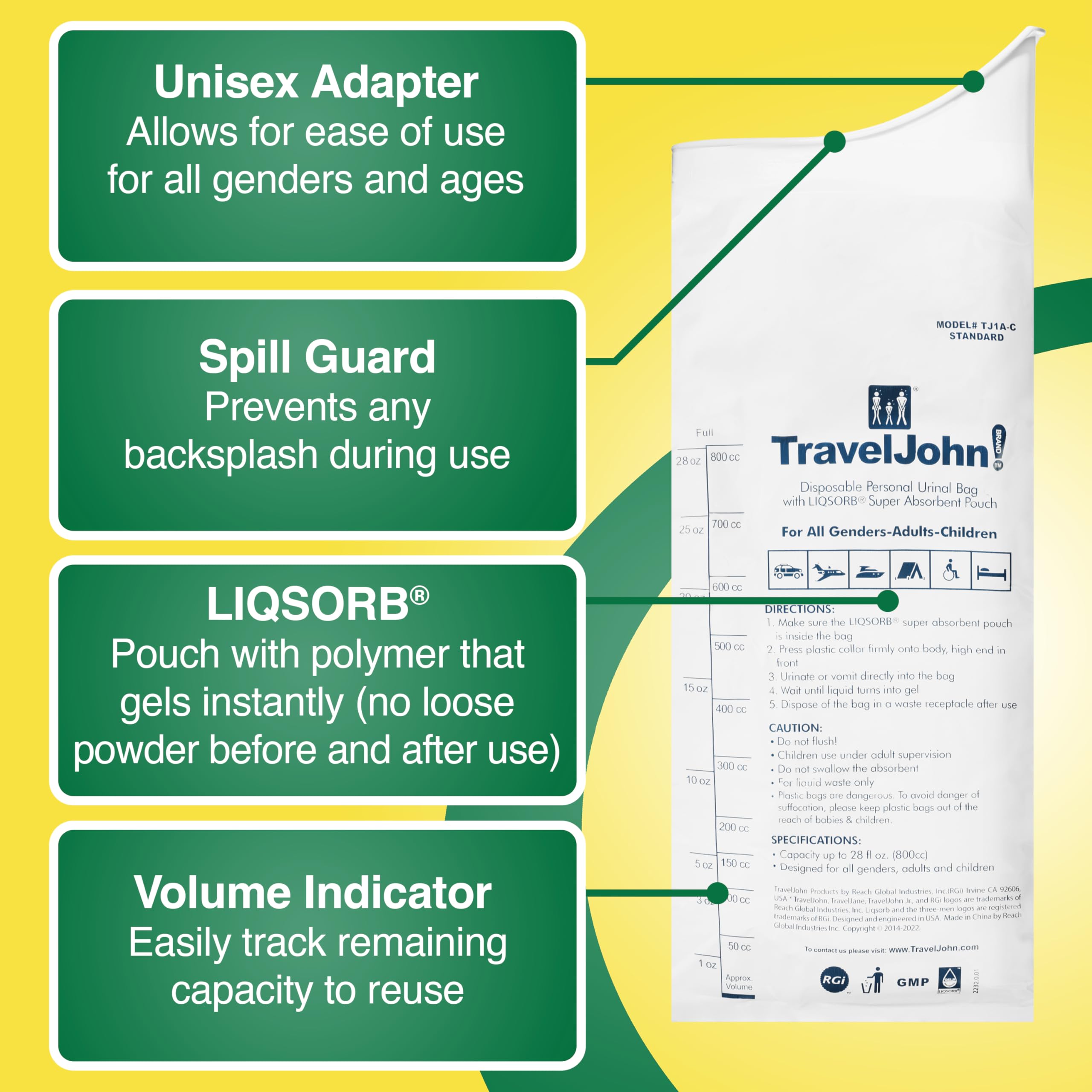 Traveljohn Disposable Urinal For All Genders, Adults, And Children (6 Pack) Designed For Emergencies, Travel, Camping, Long Car