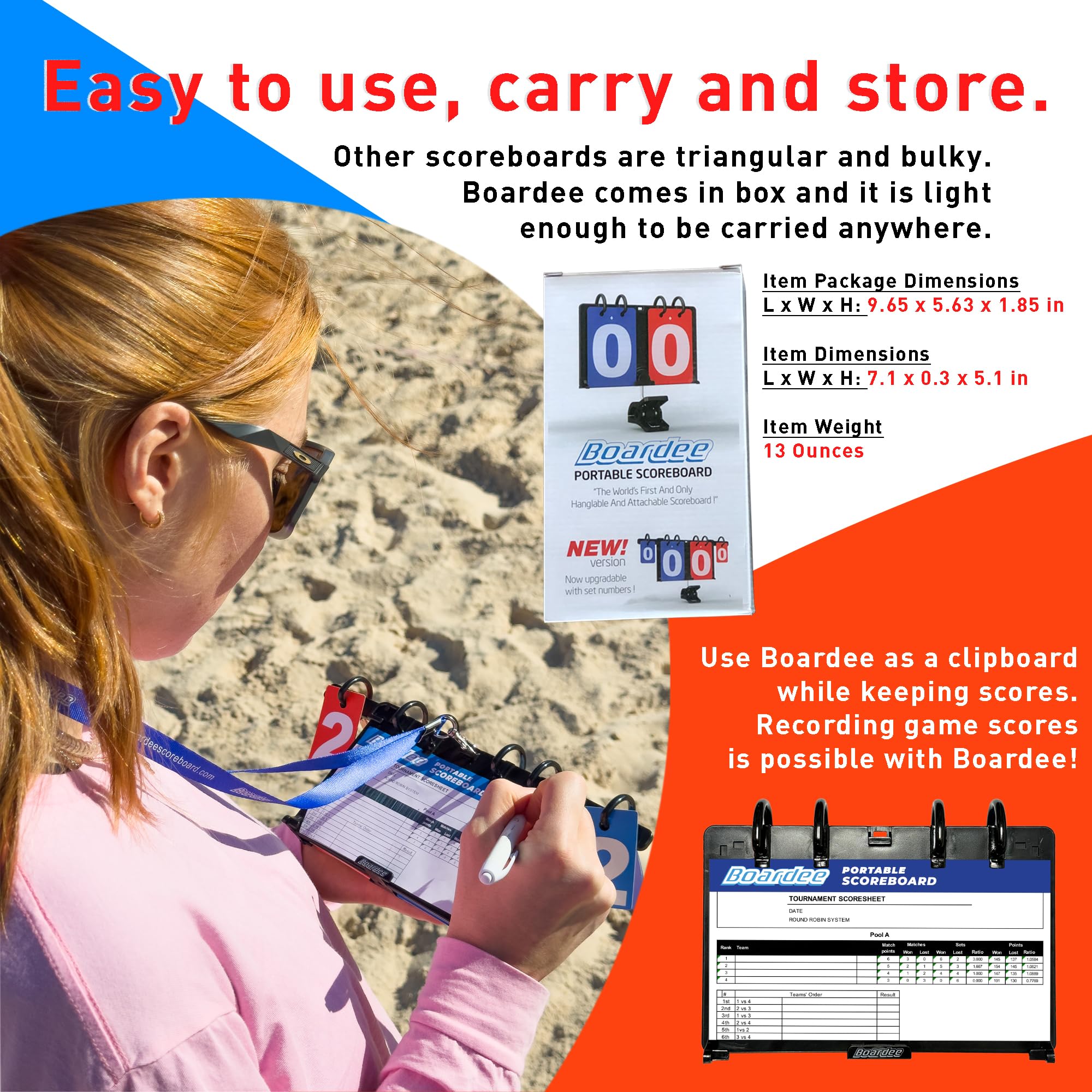 Boardee Portable Scoreboard - Attachable/Hangable/Table Top Cornhole Score Keeper Scoreboard For Volleyball/Beach Volleyball/Cor