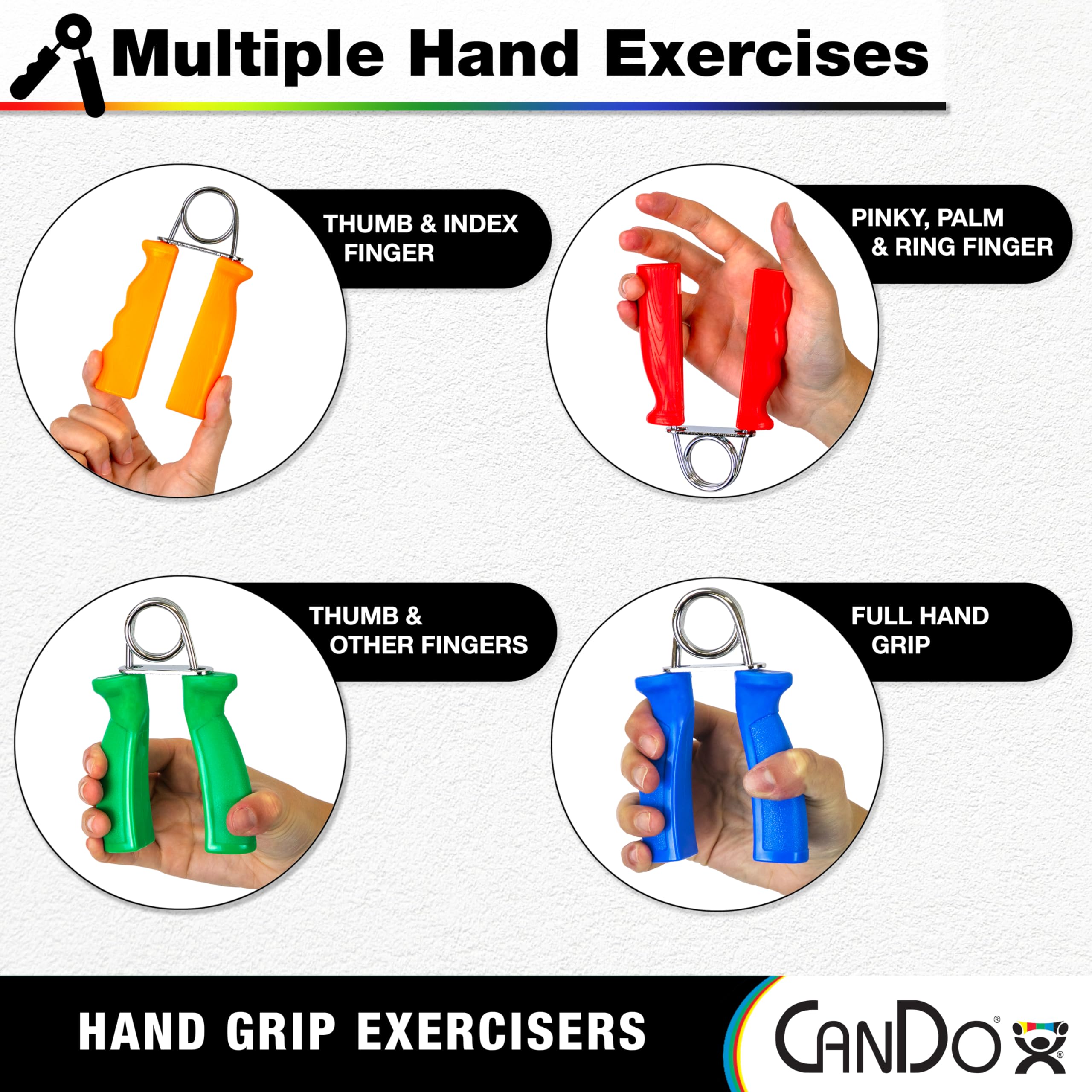 CanDo Hand Grip Exerciser 5 pair set, X-Light - X-Heavy (Yellow, Red, Green, Blue, Black)