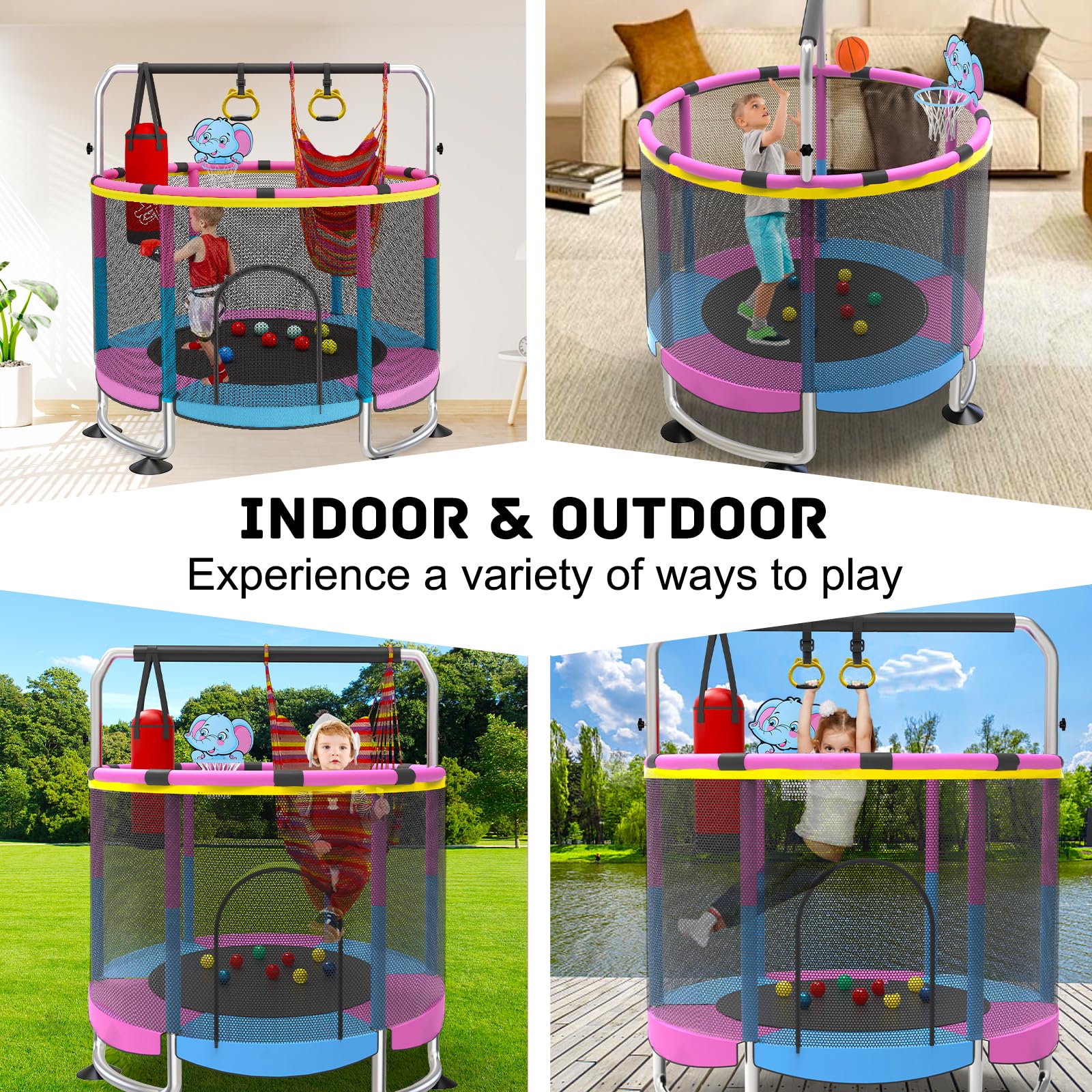 Trampoline for Kids, 60 Toddler Trampoline Indoor Outdoor, 440lbs KidsTrampoline with Enclosure Net, Upgraded Ring Legs with Adj