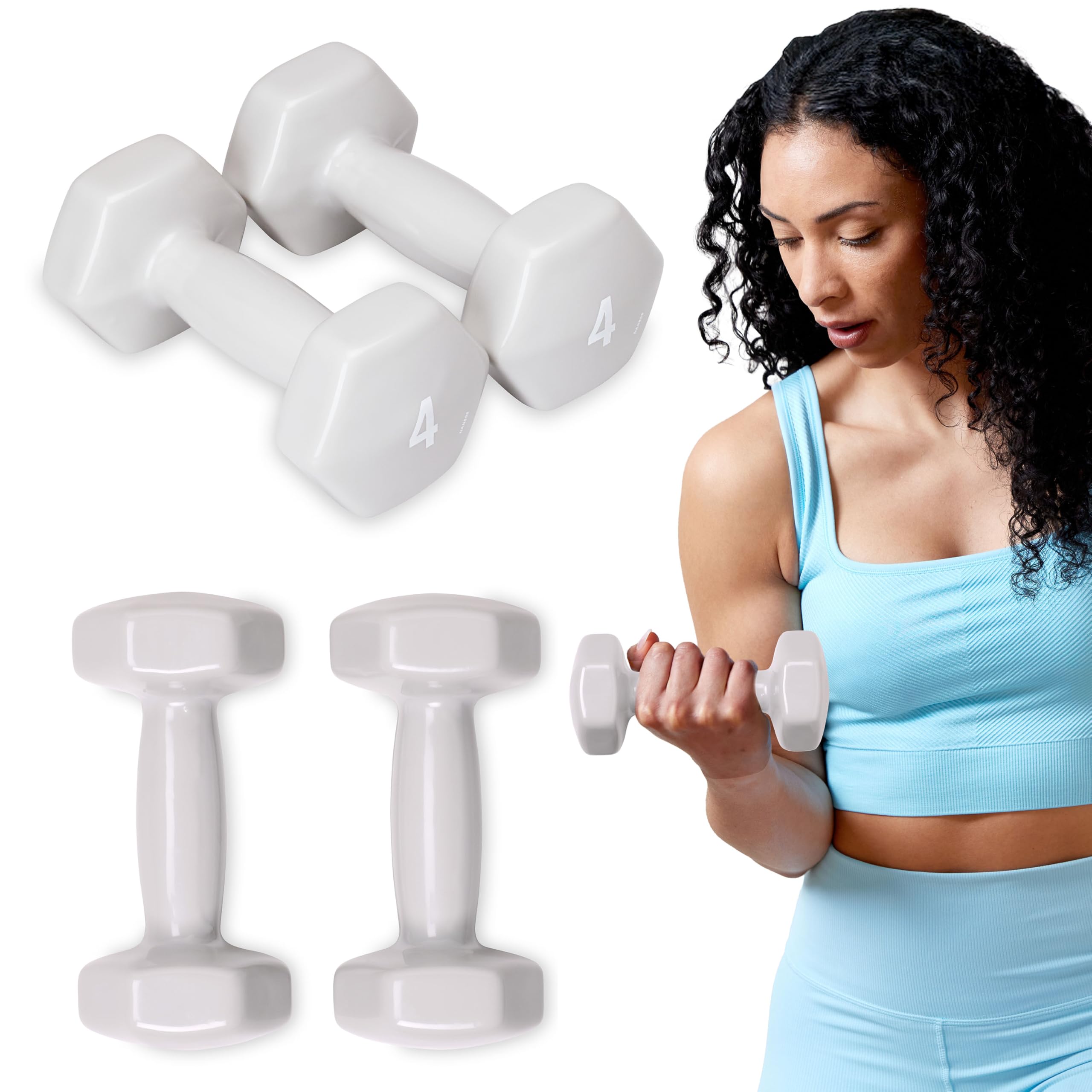 SPRI Deluxe Vinyl Coated Dumbbell Set (Light Grey) - 4 lbs, Set of 2, Hand Weights for Muscle Toning, Step Aerobics, Strength Tr