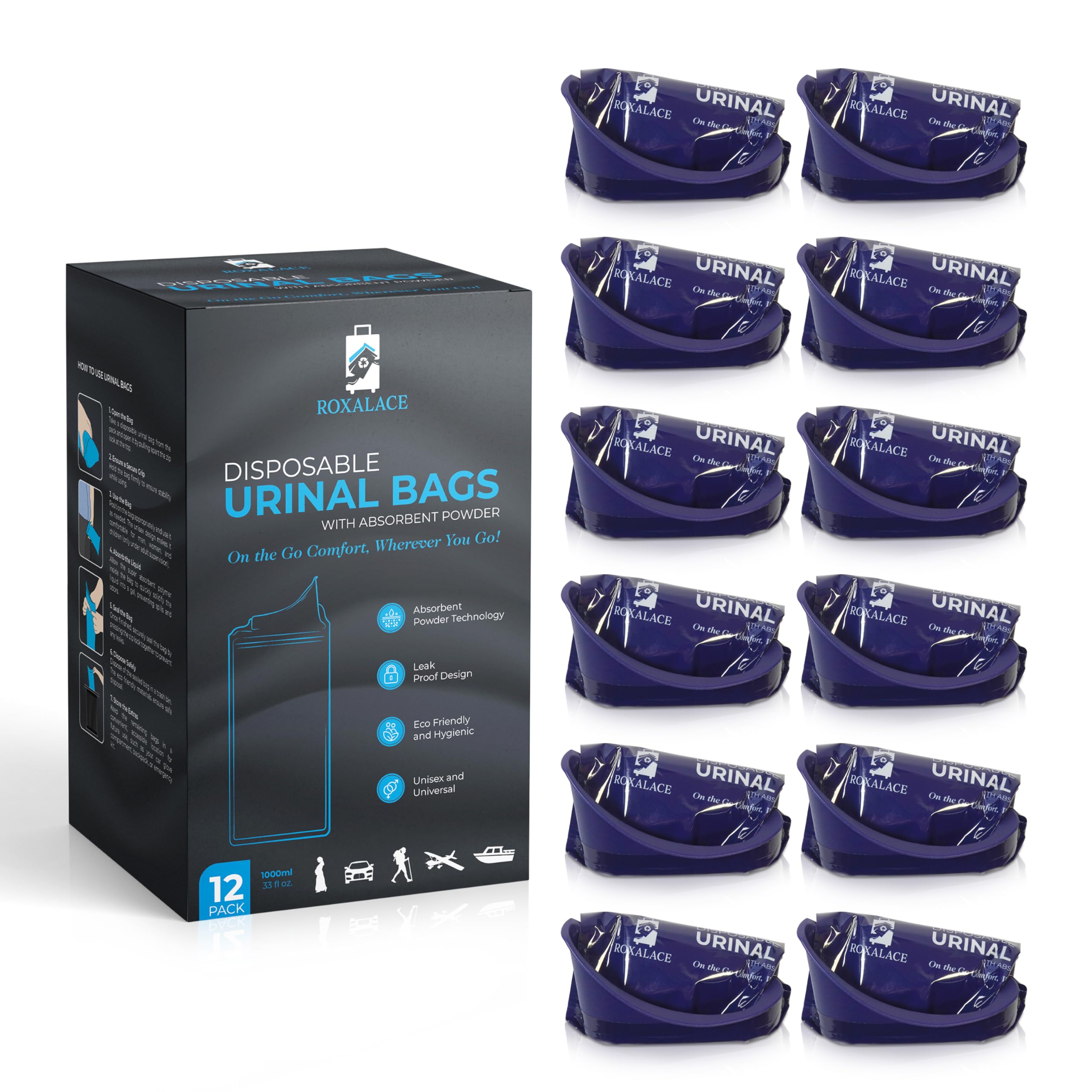 Roxalace Disposable Urinal Bags, 12 Pack 1000 Ml Unisex Urine Bag Travel Traffic Jam Emergency Urinals Bag, Camping Pee Bags, Po