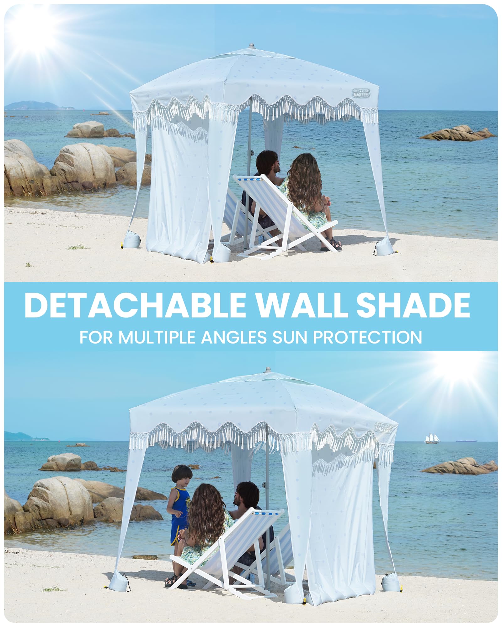 OutdoorMaster Beach Cabana with Fringes, Portable 6 x 6 Beach Canopy for Sand, Easy Set Up Sun Shelter, Included Side Wall, UP