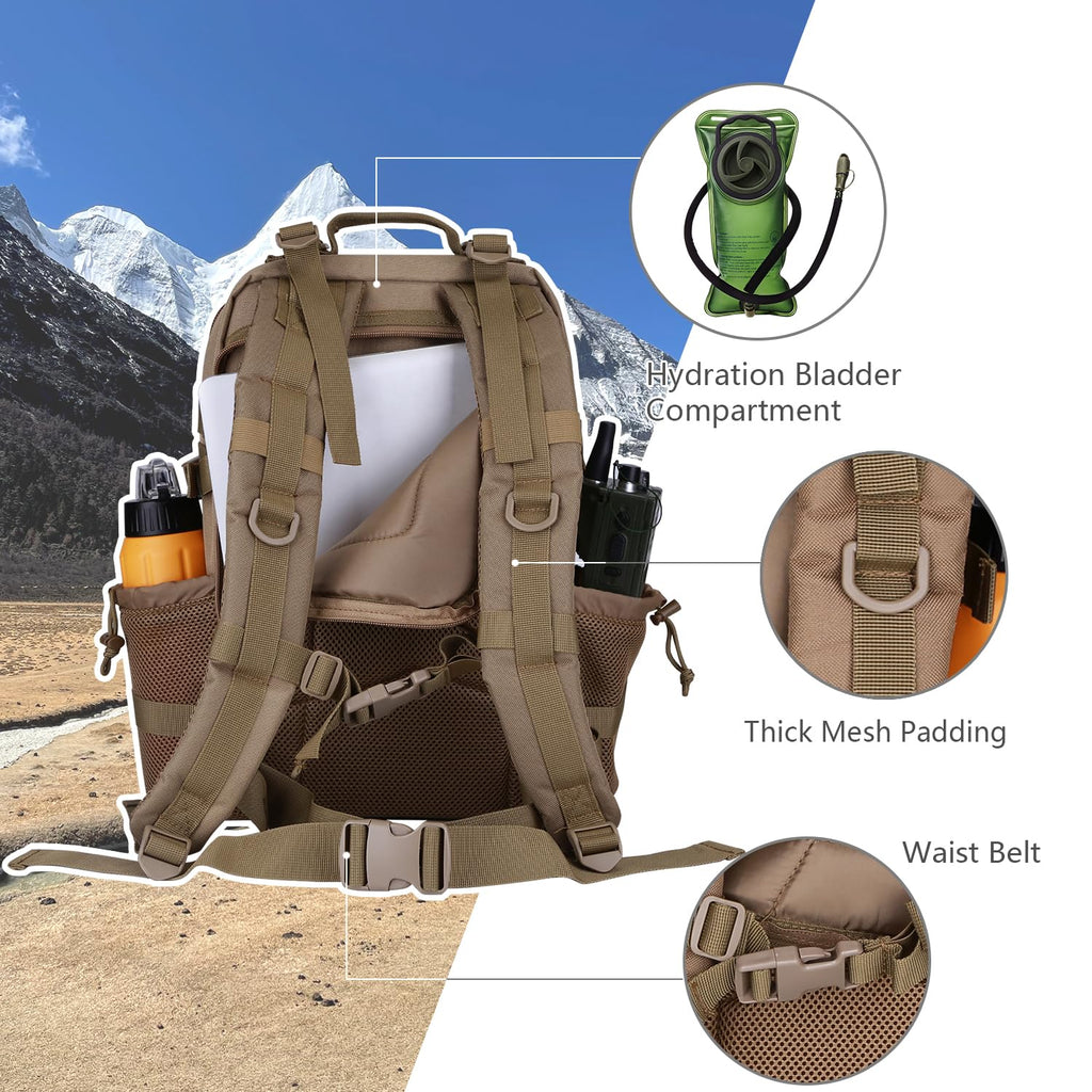 Hannibal Tactical 30L Molle Assault Pack, Tactical Backpack Military Army Camping Rucksack With Bottle Holder, 3-Day Pack, Khaki