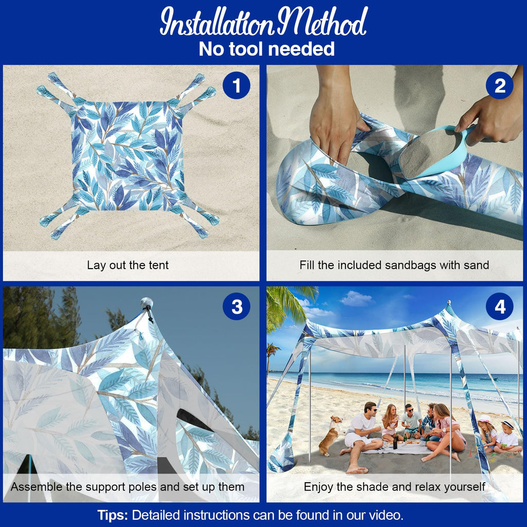 Rhino Valley Beach Tent,10X10 Ft Beach Shade Upf50+ Protection,Beach Canopy With 8 Sandbags 4 Stability Poles,Outdoor Beach Tent