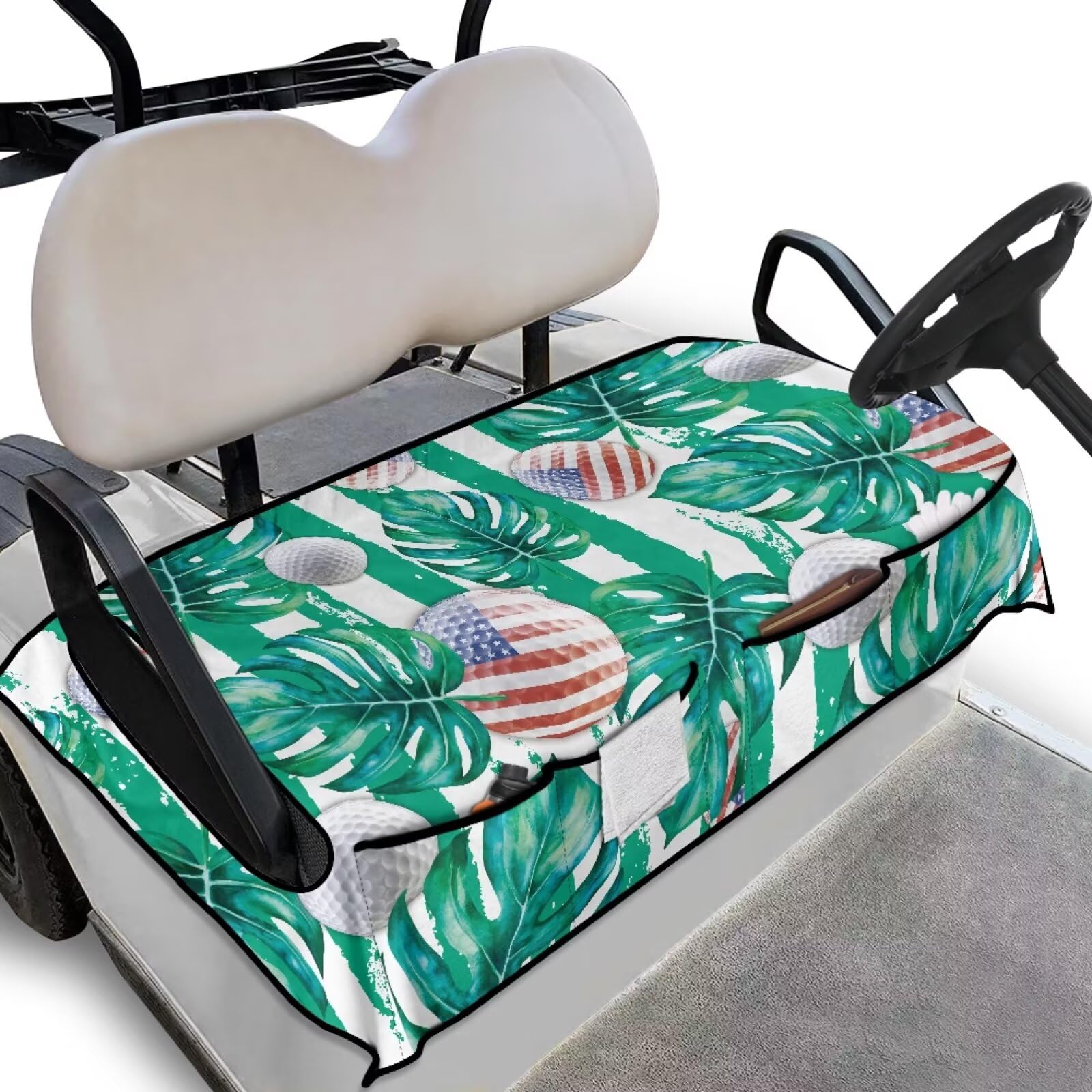 Knextrepoy Golf Ball Tropical Leaves Golf Cart Seat Covers Non-Slip Golf Cart Seat Towel Blanket with Pockets for Club Car and M