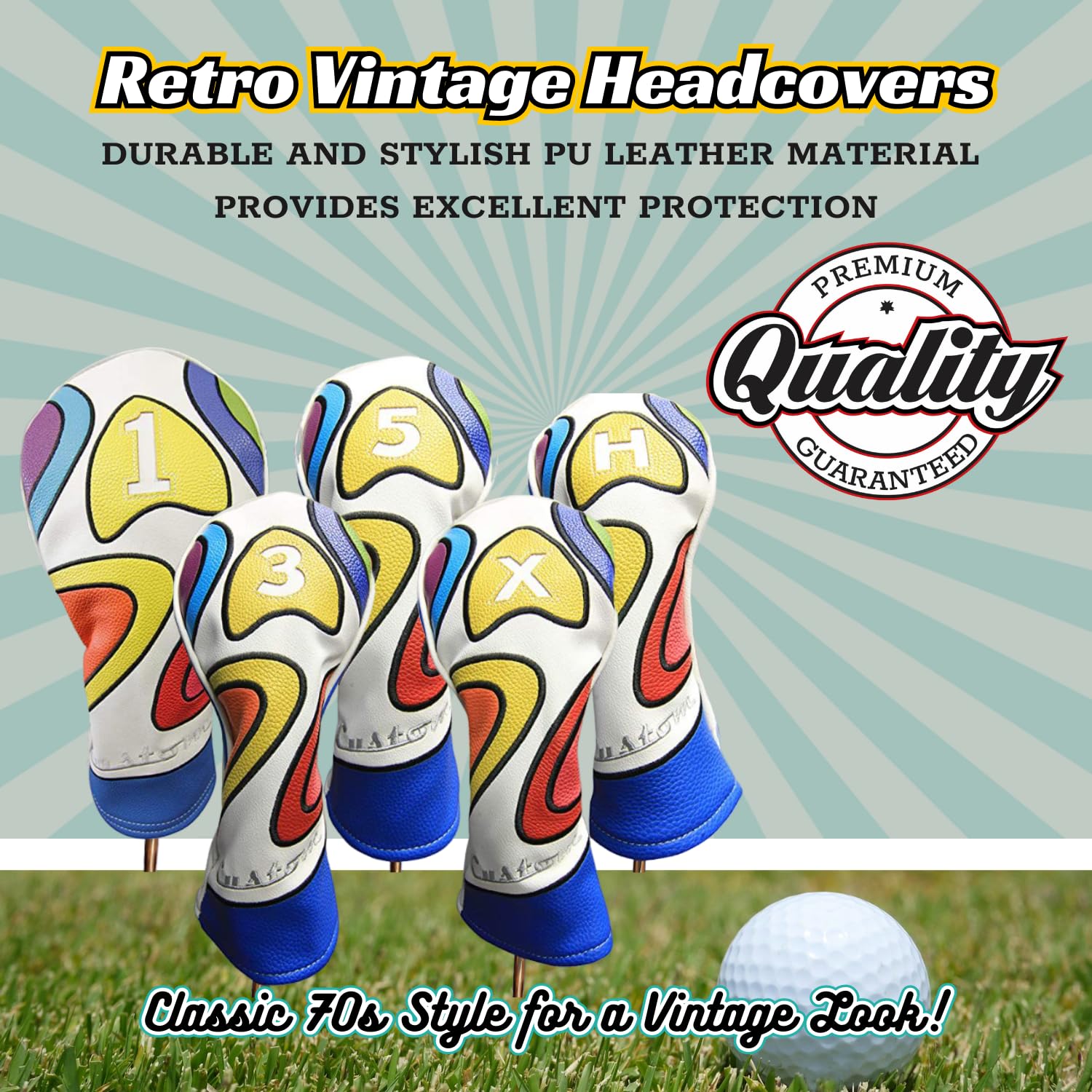 Majek Retro Golf Headcover Limited Edition Vintage Leather Style Psychedelic Colorful Groovy Custom Design #1 3 5 X H Driver Fai