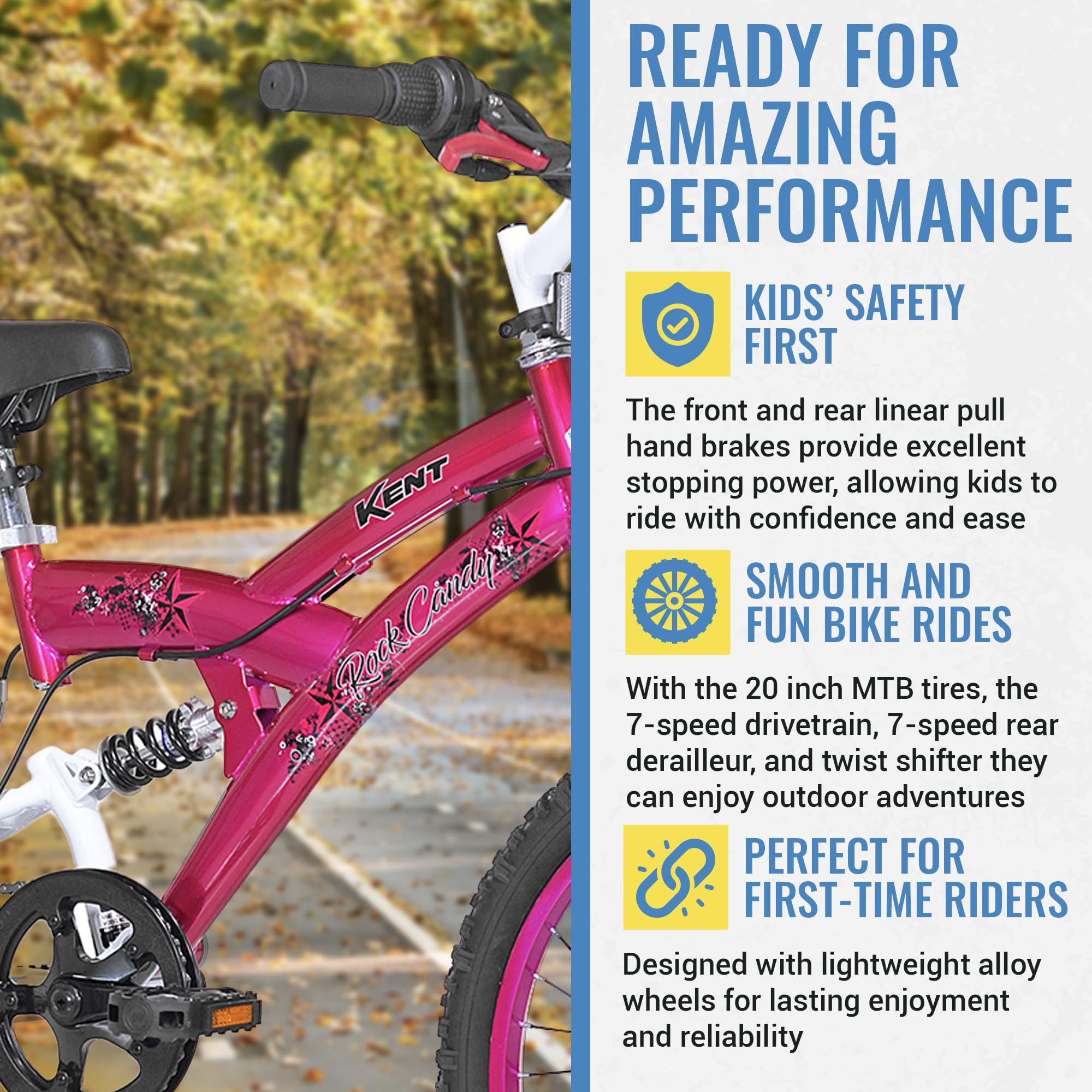Kent International 20'' Kent Rock Candy Girls Bike - 20 Inch Girls Bike With Front & Rear Hand Brakes And 7 Speed Twist Shifting