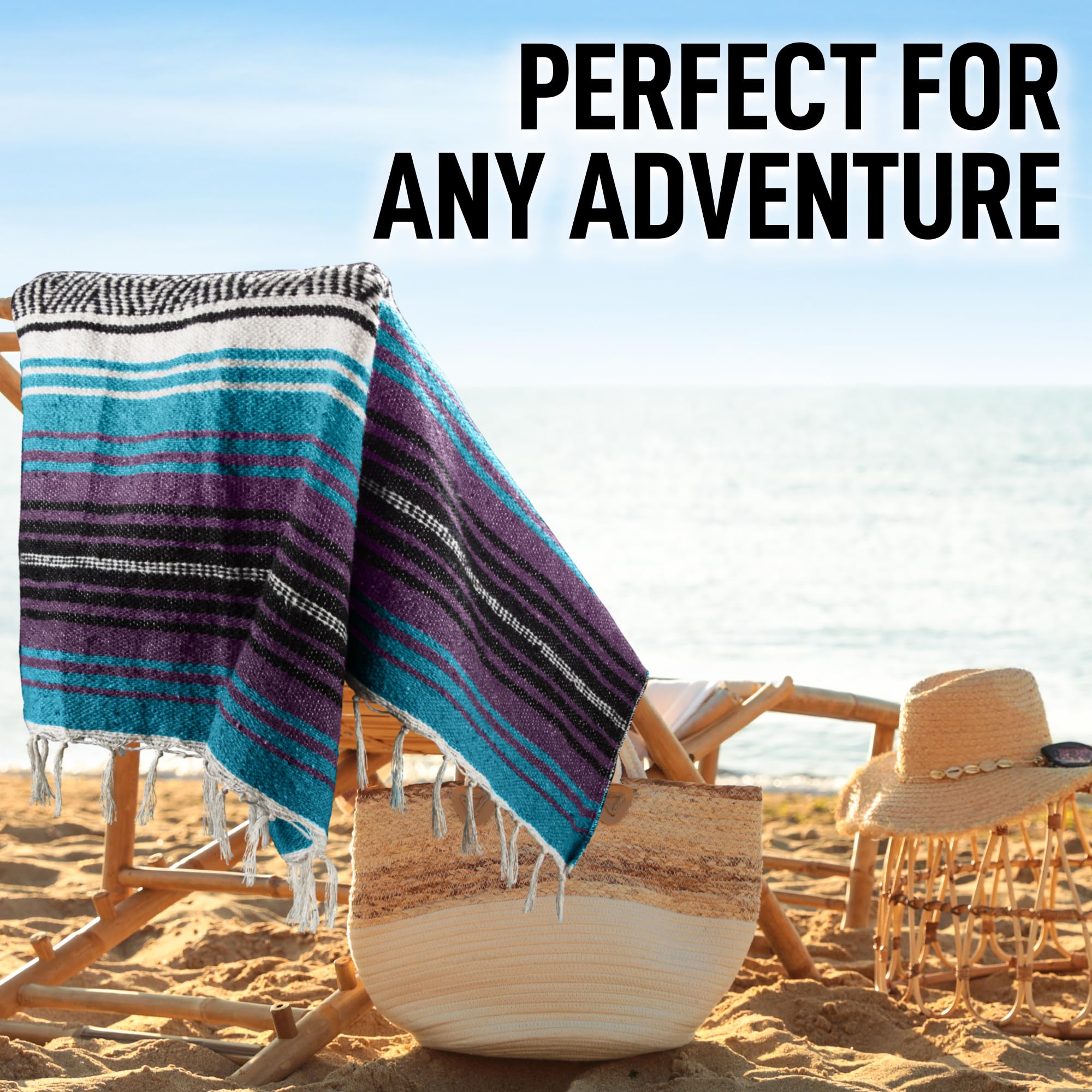 Hydration Nation Authentic Extra Large Mexican Blanket (70X50) - Handwoven Yoga, Serape- Artisanal Falsa, Beach, Camping, Picnic