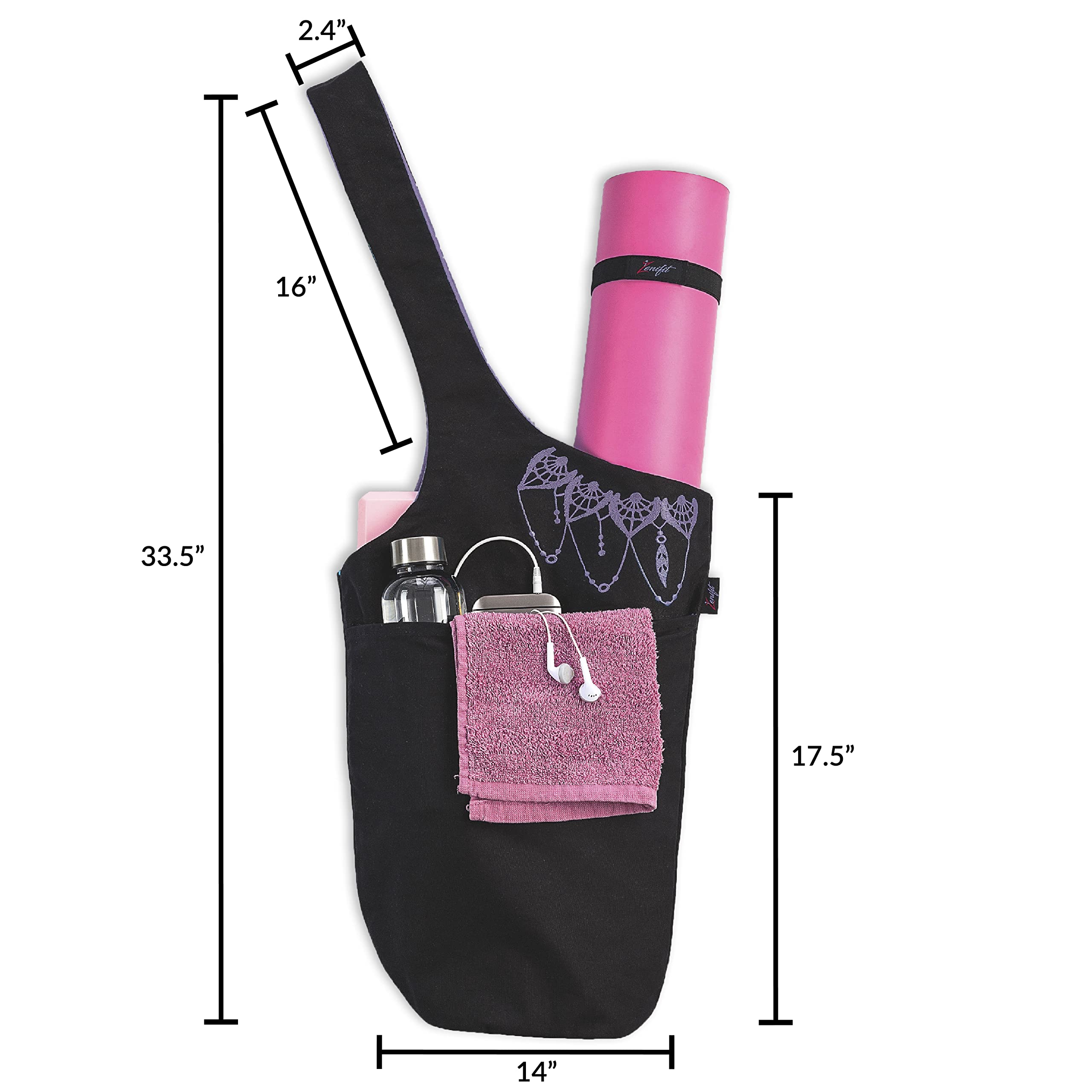 Zenifit Yoga Mat Bag - Long Tote With Pockets - Holds More Yoga Accessories. Cute Yoga Mat Holder With Bonus Yoga Mat Strap Elas