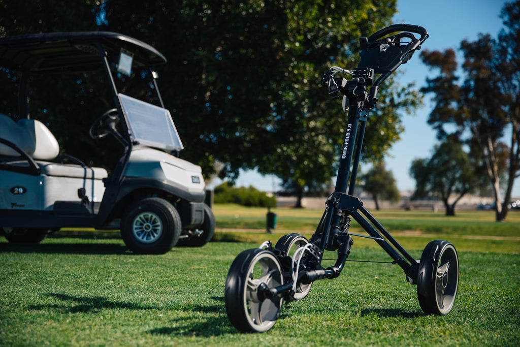 Qwik-Fold 3 Wheel Push Pull Golf Cart - Foot Brake - One Second To Open & Close! (Black/Blue)