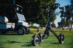 Qwik-Fold 3 Wheel Push Pull Golf Cart - Foot Brake - One Second To Open & Close! (Black/Blue)