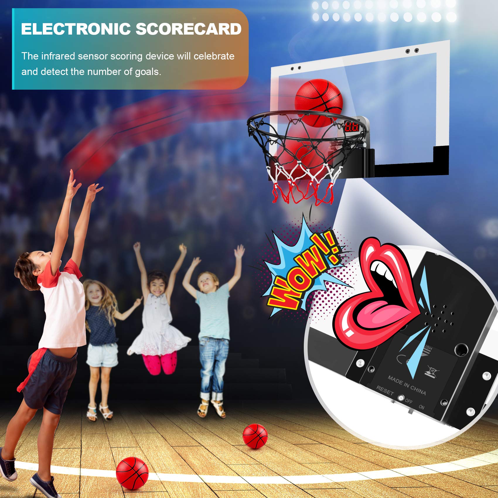Treywell Indoor Basketball Hoop Fan Backboards For Teens And Adults Door Room Mini Hoop With Electronic Scoreboard, 3 Balls And
