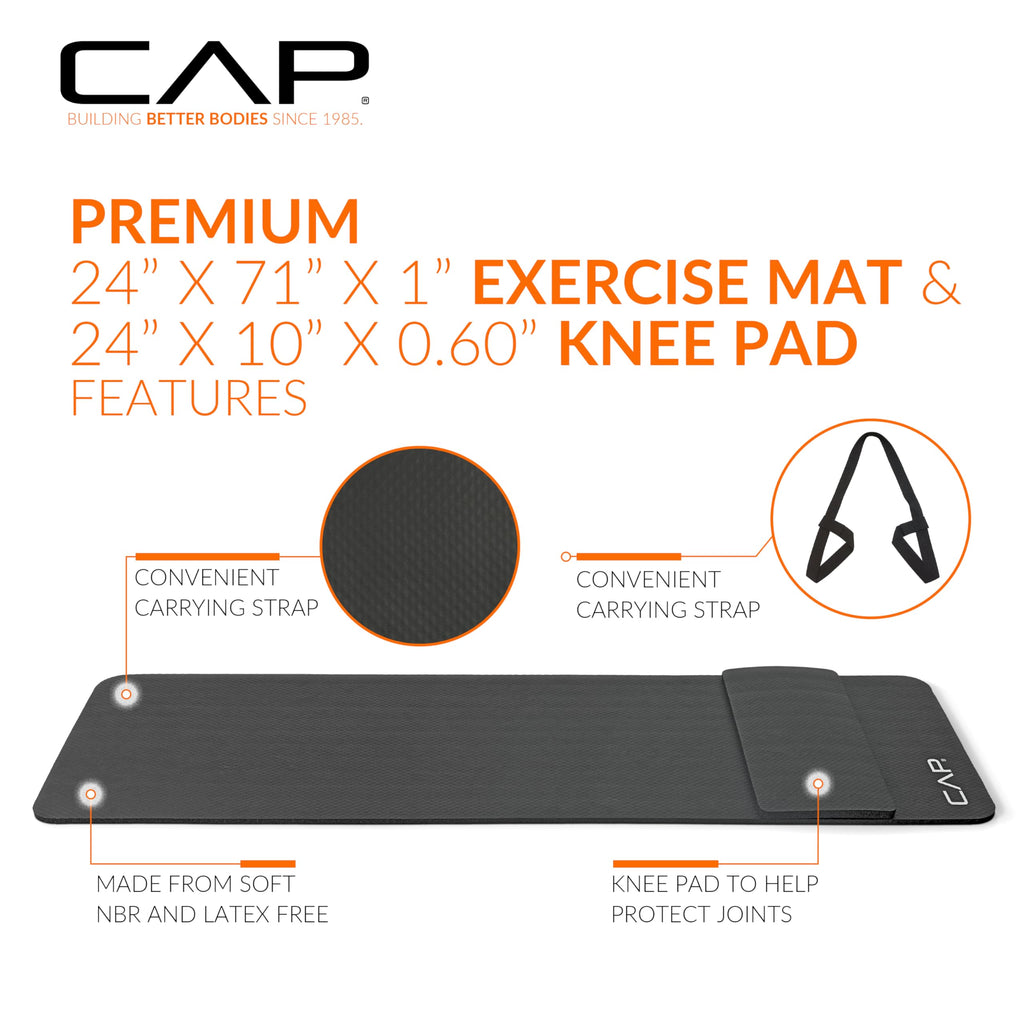 Cap High Density Exercise Yoga Mat With Strap And Knee Pad 71''X24''X1/2'' Black