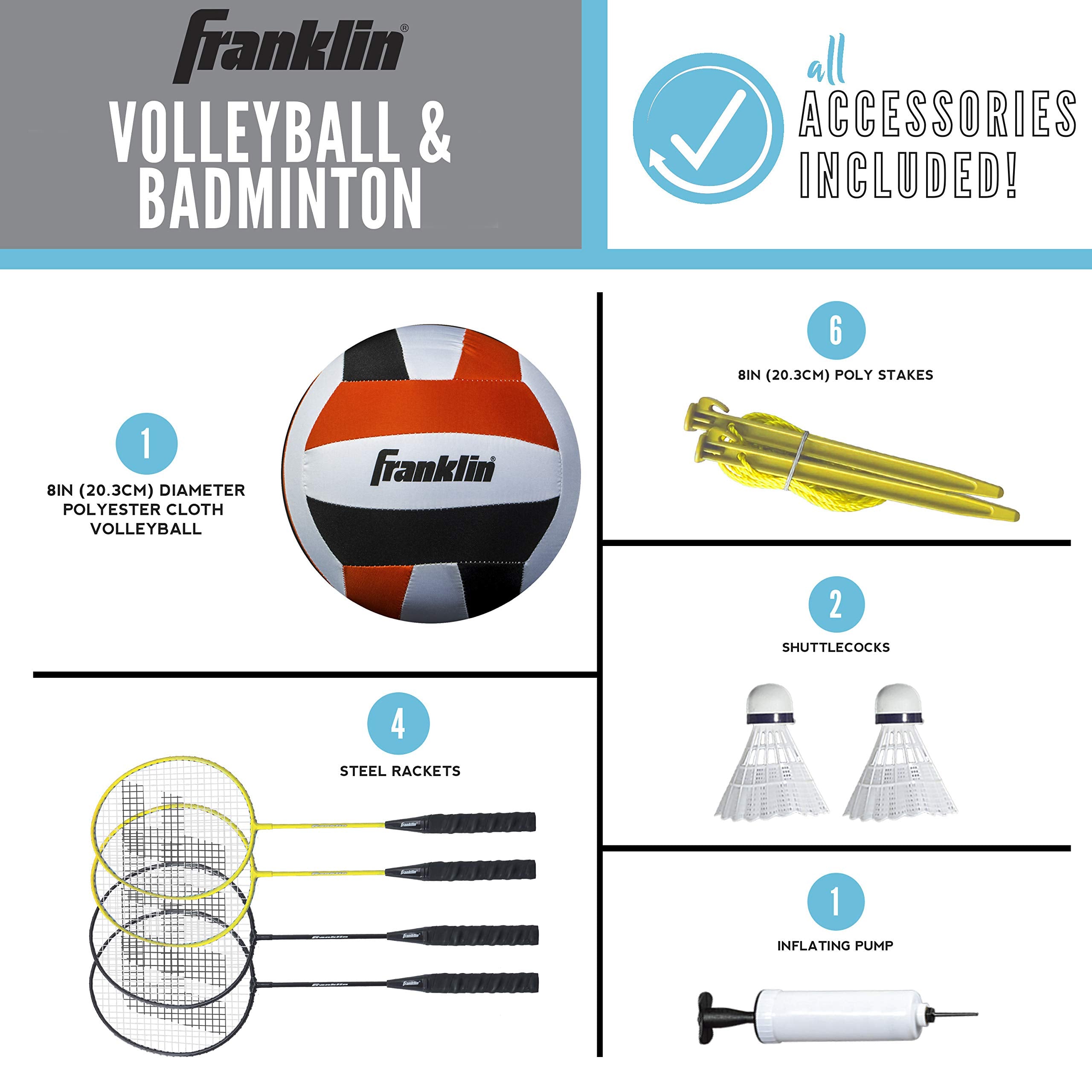 Franklin Sports Family Volleyball & Badminton Combo Set - Portable Backyard + Beach Volleyball + Badminton Net - Volleyball, Rac