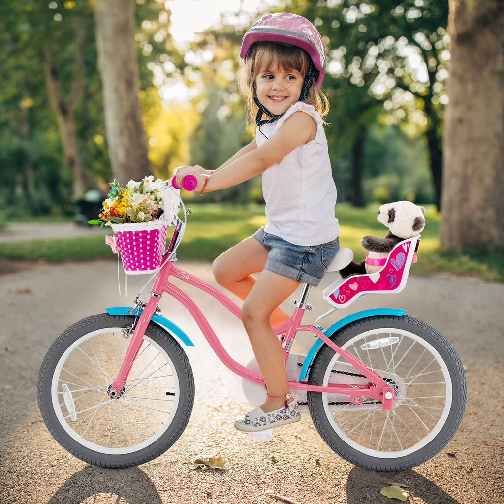 Baby Joy Kids Bike, 18 Inch Kids Bicycle W/Training Wheels, Adjustable Seat Handlebar Height, Storage Basket, Doll Seat, Handbra