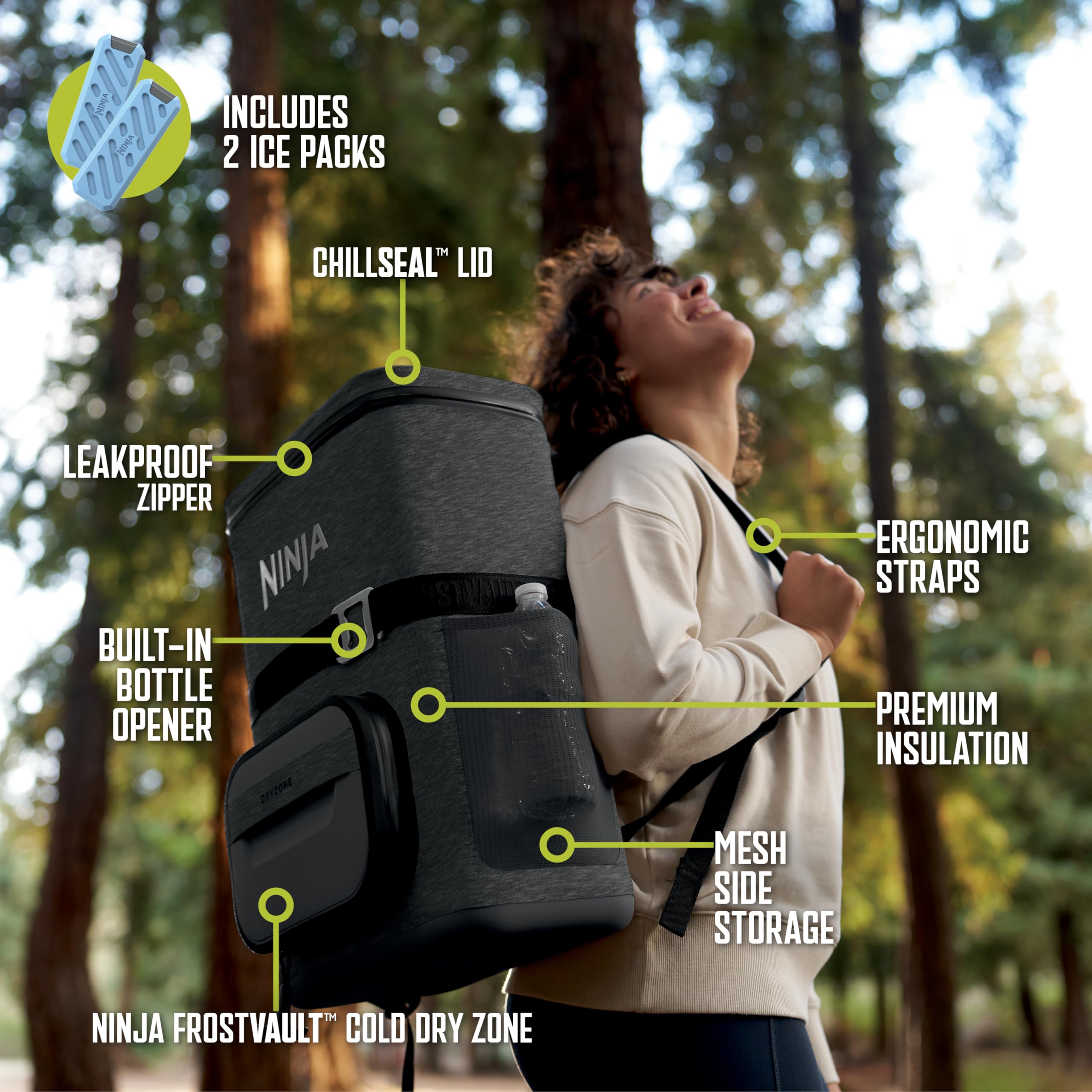 Ninja | Backpack Cooler | Frostvault Go 24 Can Soft Cooler | Leakproof Zipper With Built In Can Opener, 2 Ice Packs & Dry Storag
