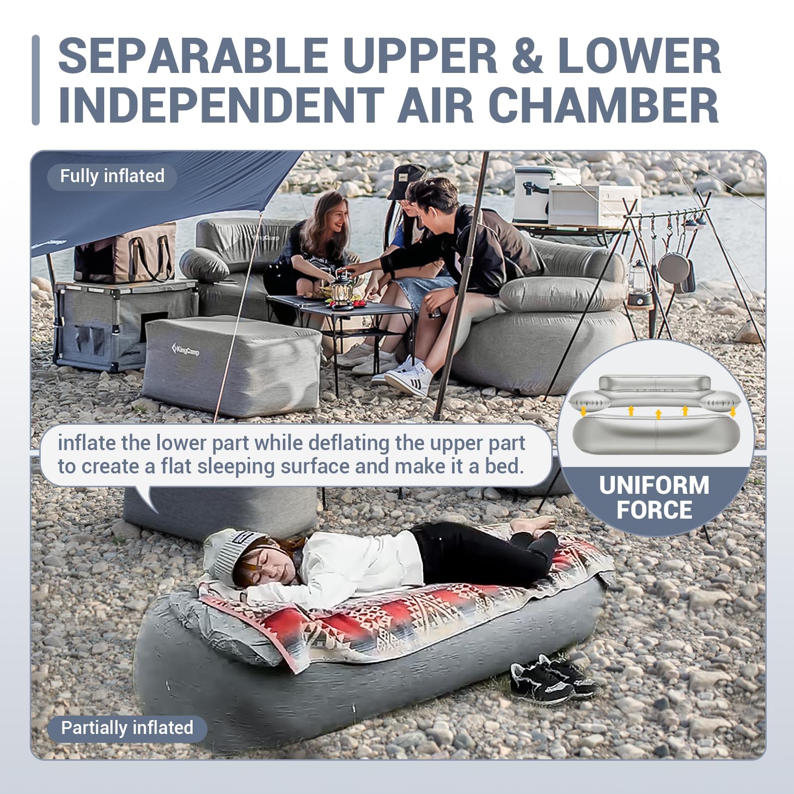 Kingcamp Double Inflatable Couch For Camping, Portable Foldable Eco-Friendly Reach-Certified Pvc Liner Air Lounger 2-Person Blow