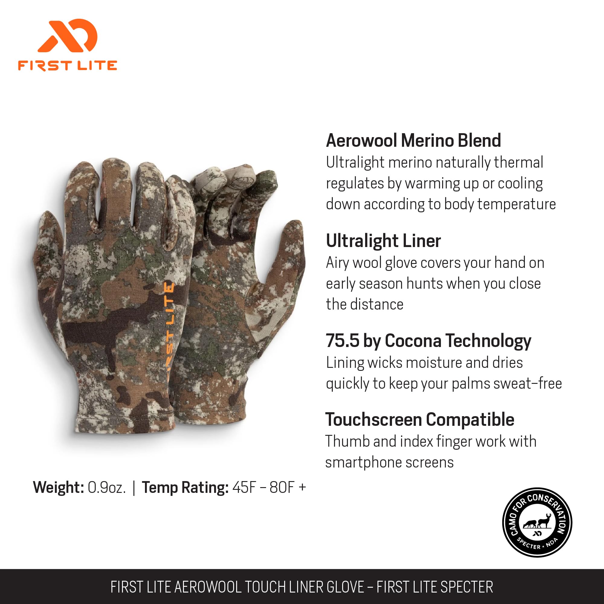 First Lite Aerowool Touch Liner Merino Wool Glove - Lightweight, Touchscreen Compatible Camo Hunting Gloves - First Lite Specter