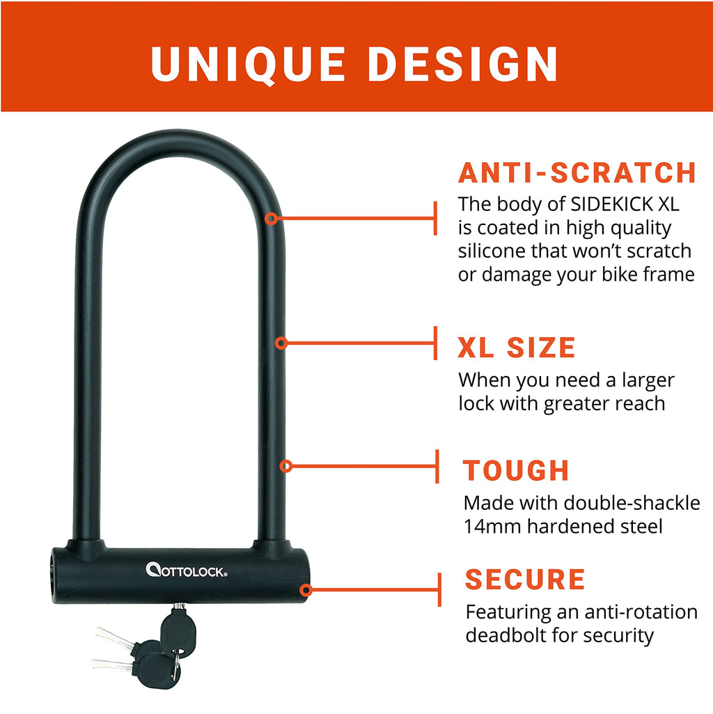 Ottolock Sidekick Xl Full-Size U-Lock | Lightweight Silicone-Coated Bike Lock, Black