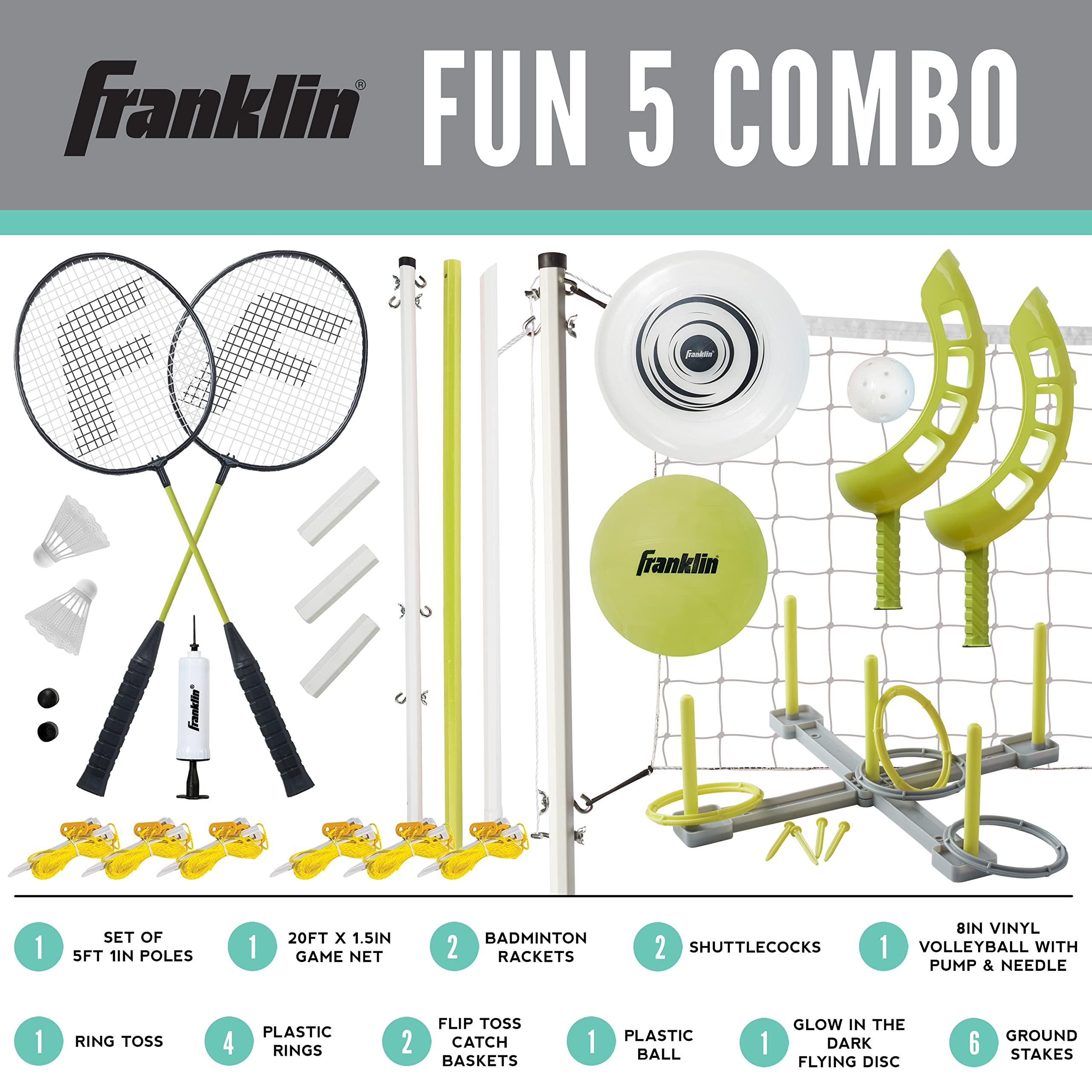 Franklin Sports Fun 5 Combo Outdoor Game Set - Backyard, Beach + Camping Games For Kids - Badminton, Volleyball, Flip Toss, Flyi