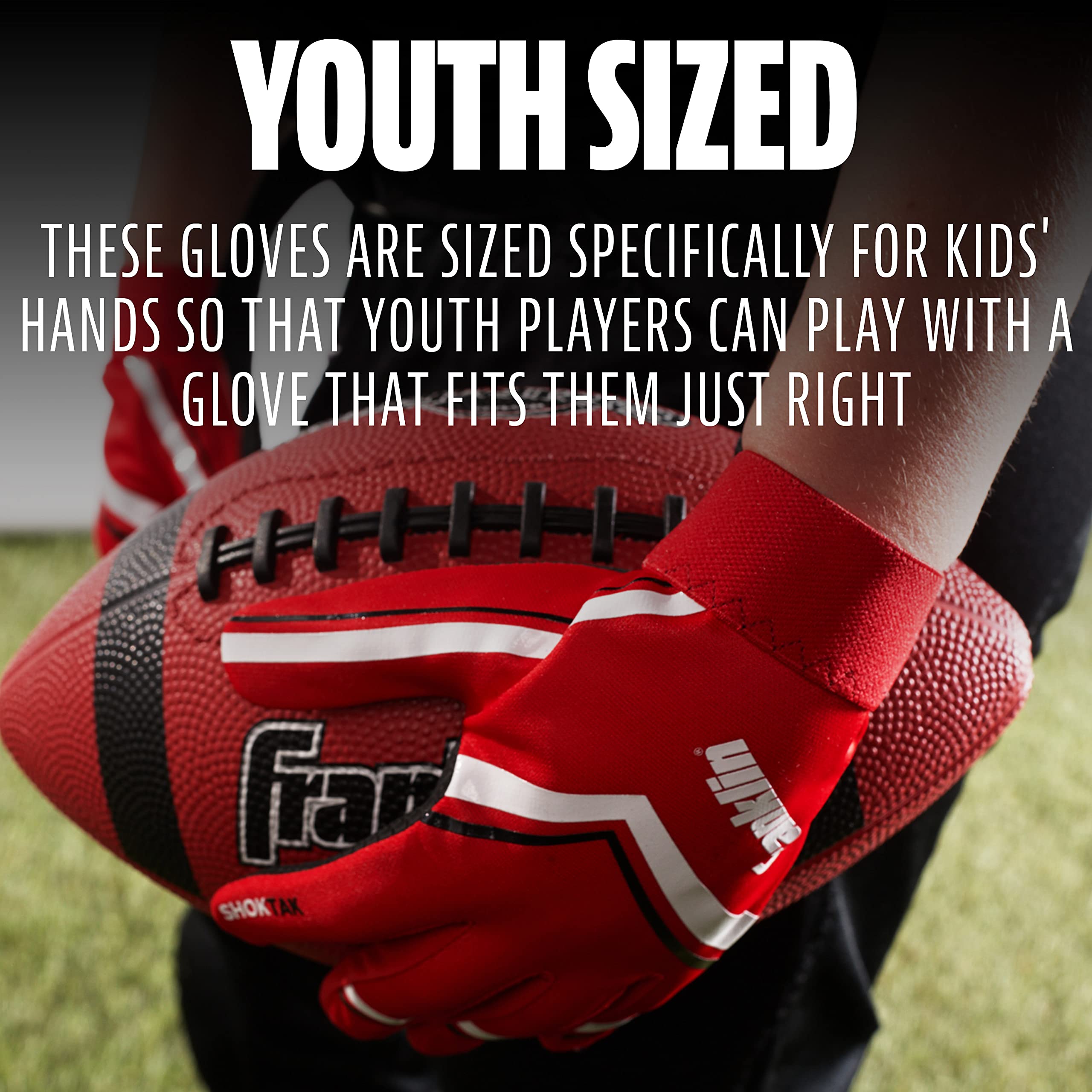 Franklin Sports Youth Football Receiver Gloves - Shoktak Kids High Grip Football Receiver Gloves - Red - Youth Large