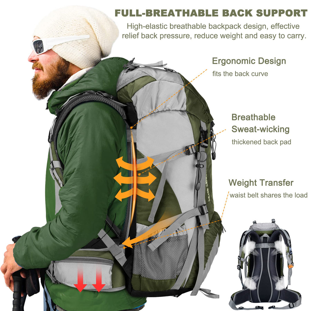 Loowoko 50L Hiking Backpack, Waterproof Camping Essentials Bag With Rain Cover, 45+5 Liter Lightweight Backpacking Back Pack
