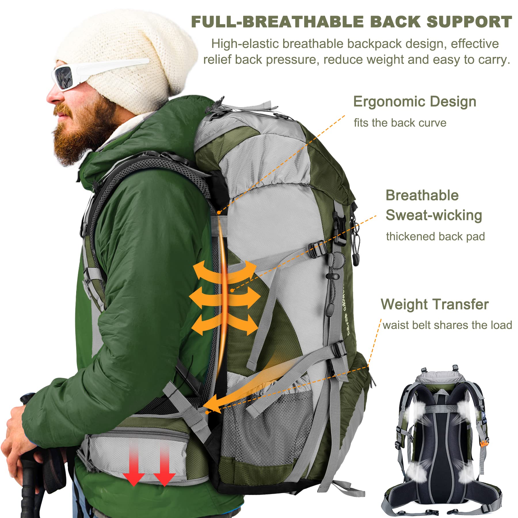 Loowoko 50L Hiking Backpack, Waterproof Camping Essentials Bag With Rain Cover, 45+5 Liter Lightweight Backpacking Back Pack