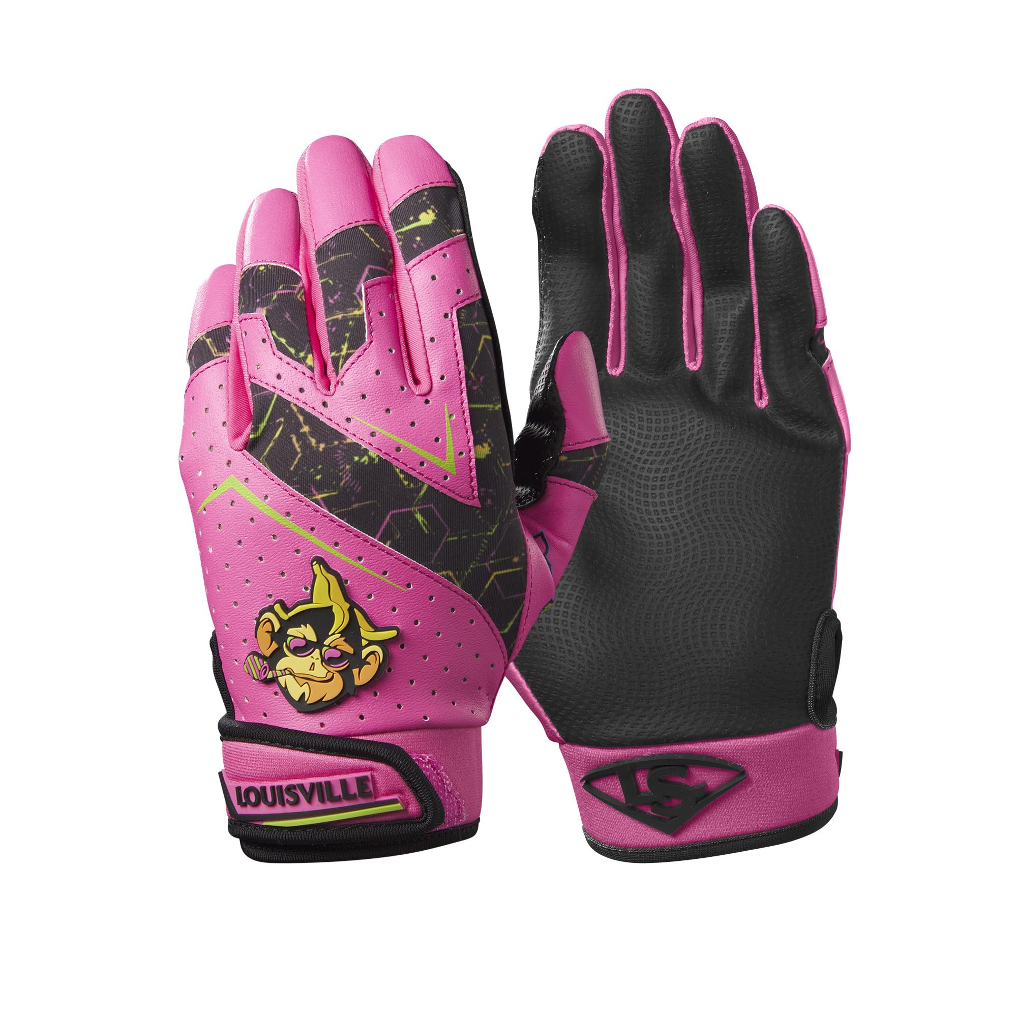 Louisville Slugger Party Animals Youth Genuine V2 Batting Gloves - Hot Pink/Black, X-Small