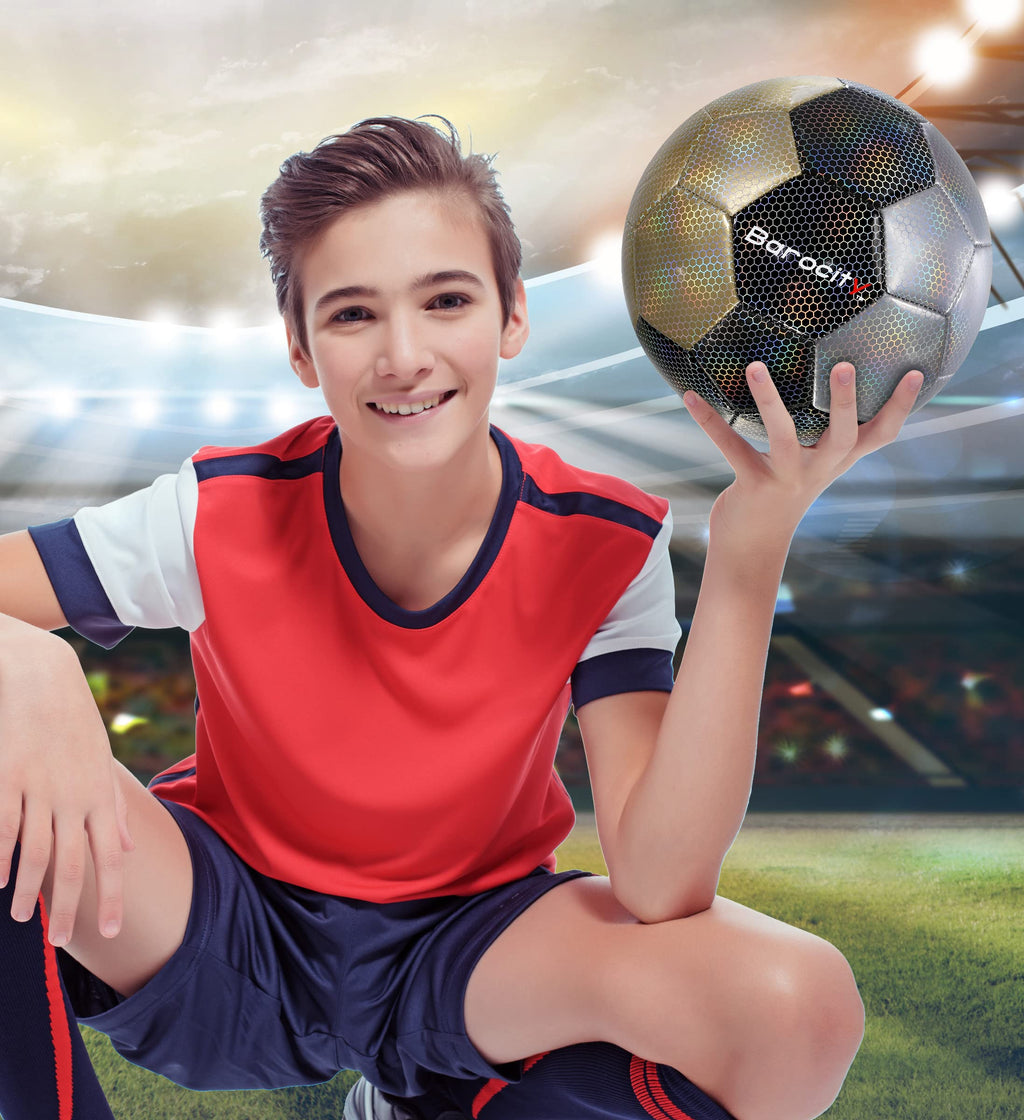 Barocity Mix Silver, Black, & Gold Size 5 Soccer Ball - Boy And Girl Official Match Ball With Reflective Rainbow Hex Pattern, Fo