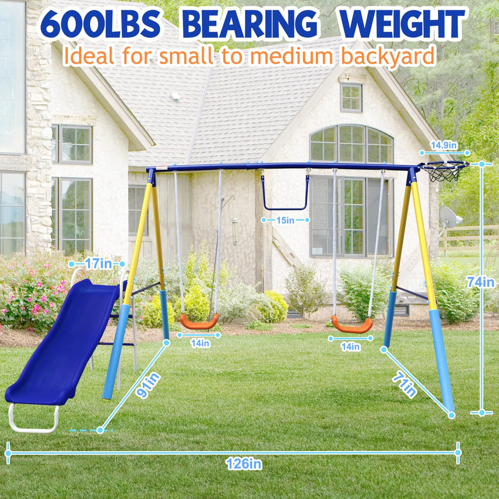 4-In-1 Heavy Duty Swing Set For Backyard - Large Metal Frame With Saucer Swings, Sandbox, Basketball Hoop & Single Swing Seat |