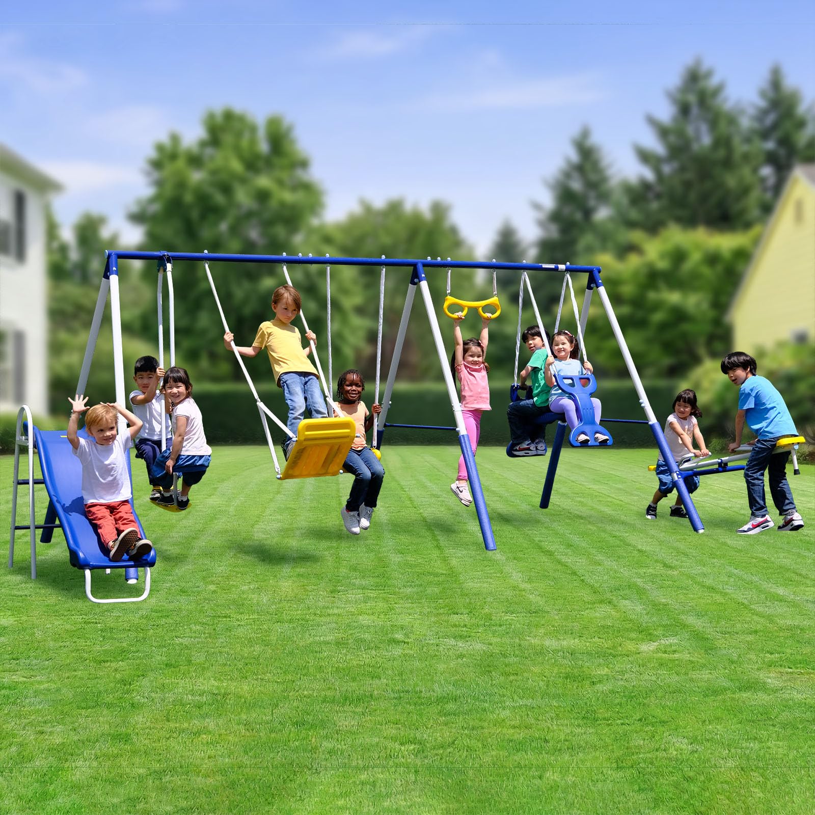Sportspower Super 9 Metal Swing Set for Outdoor Backyard Play: Teeter Totter, Glide Ride, Roman Glider, Standing Swing, Trapeze,