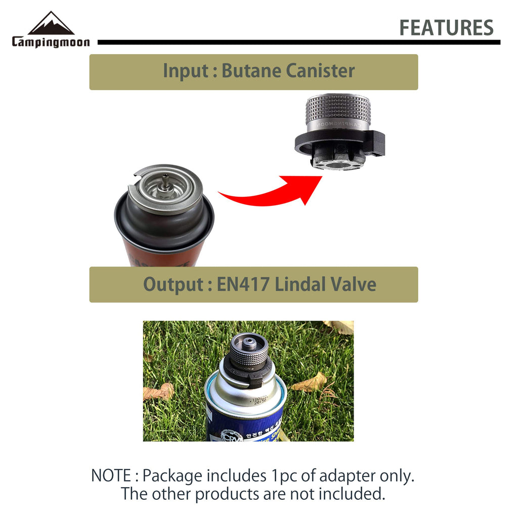 Campingmoon Camping Grill Gas Stove Adapter(Vertical Type), Input: Butane Canister, Output: En417 Lindal Valve Z11