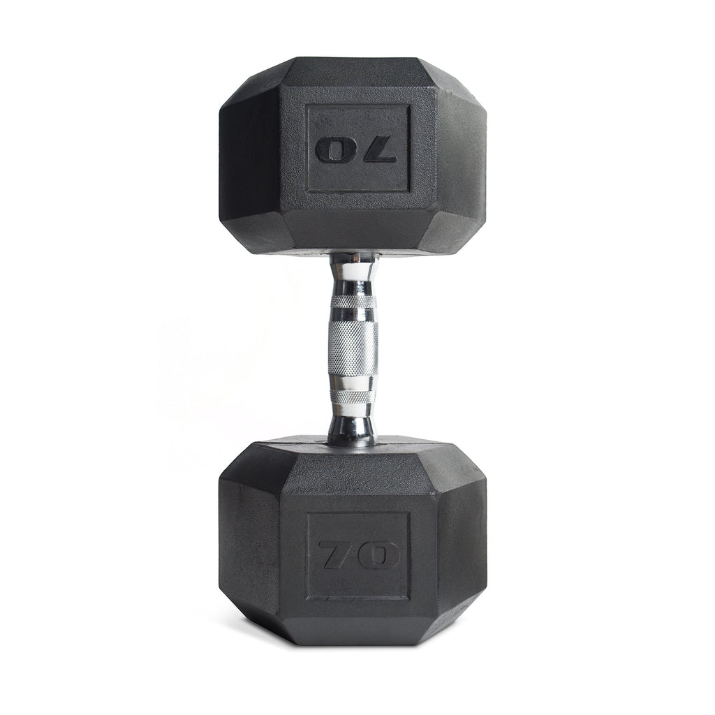 CAP Barbell 70 LB Rubber Coated Hex Dumbbell Hand Weight - Single | Chrome Handle