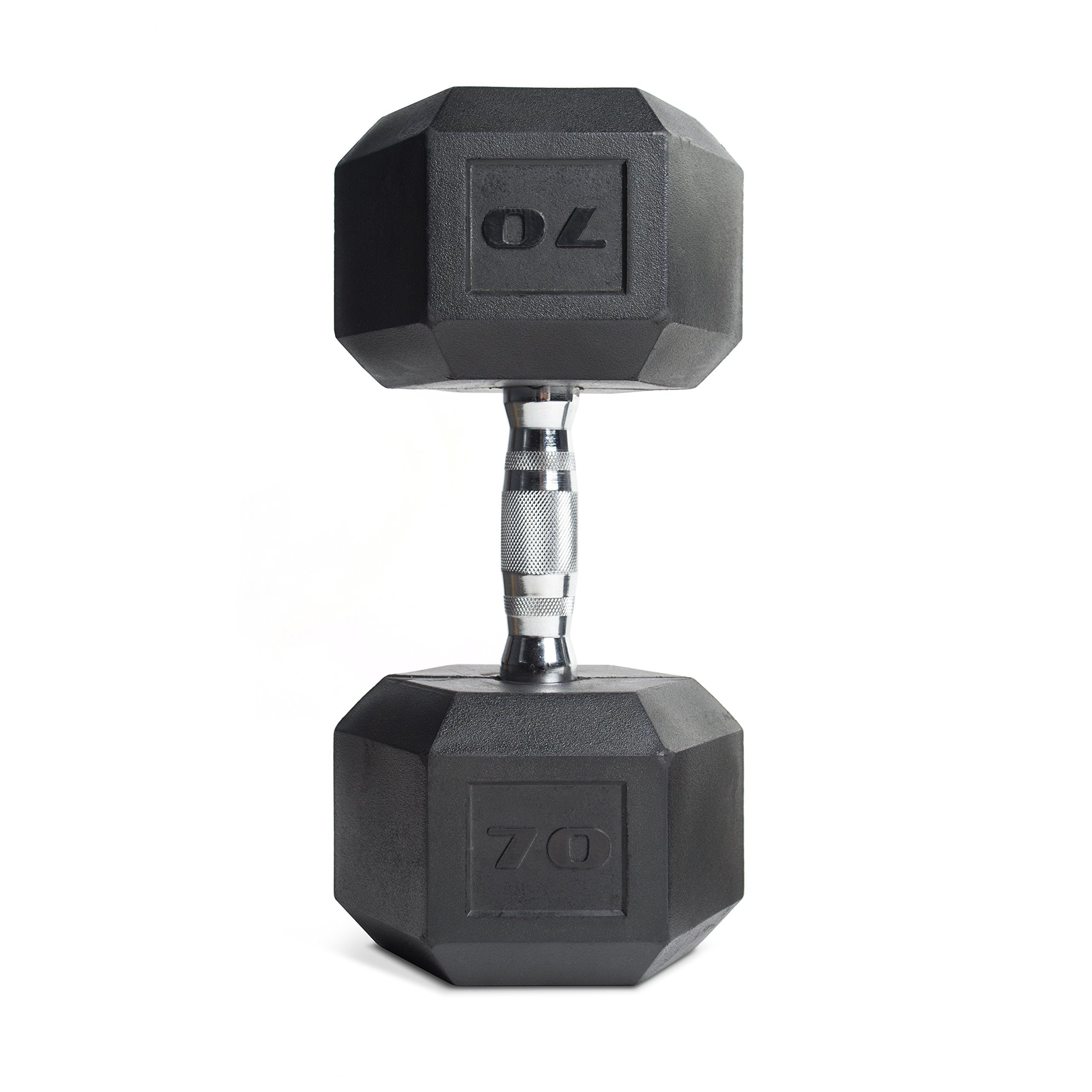 CAP Barbell 70 LB Rubber Coated Hex Dumbbell Hand Weight - Single | Chrome Handle
