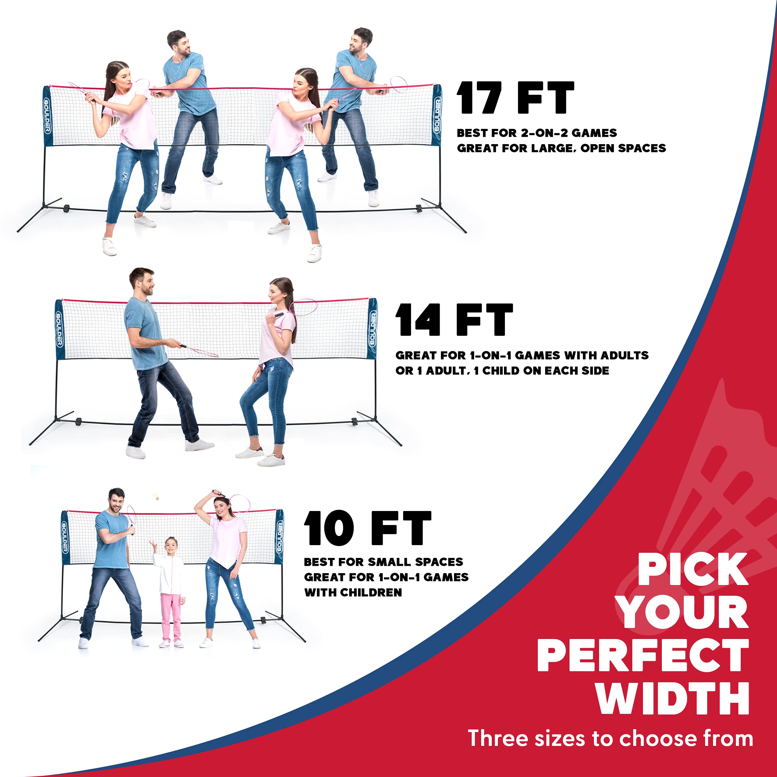 Boulder Portable Badminton Pickleball Net - Foldable/Extendable Poles for Multiple Sports Heights (UP to 5 ft) - Ideal for Tenni