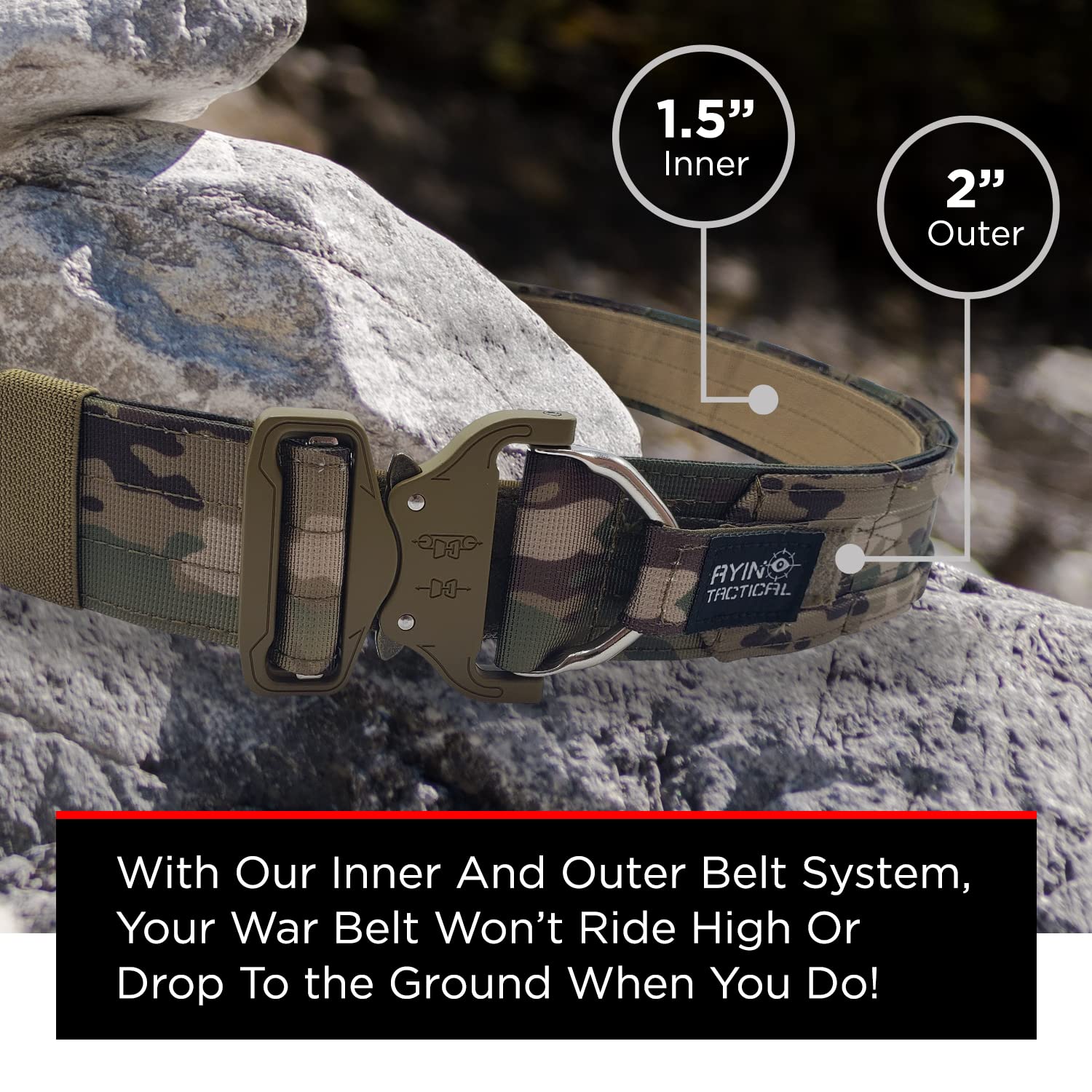 Ayin Tactical Belt Quick Release Rigger Molle Belt 1.5 Inch Inner & 2 Inch Outer Range Tactical Heavy Duty (Multicam, Lg-Xl)