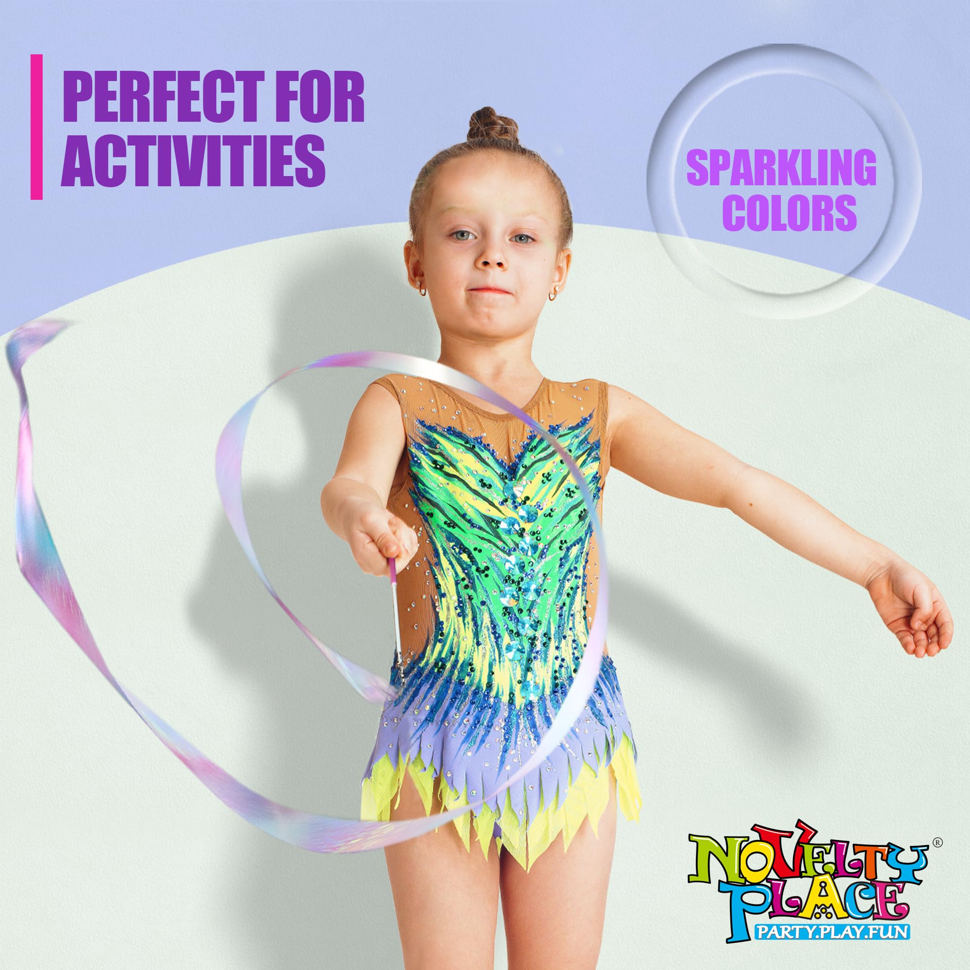 Novelty Place 2 Pcs Sparkling Dance Ribbons Streamers, 6.6Ft Shiny Colors Kids Gymnastics Ribbon Wands - Perfect Rhythm Sticks F