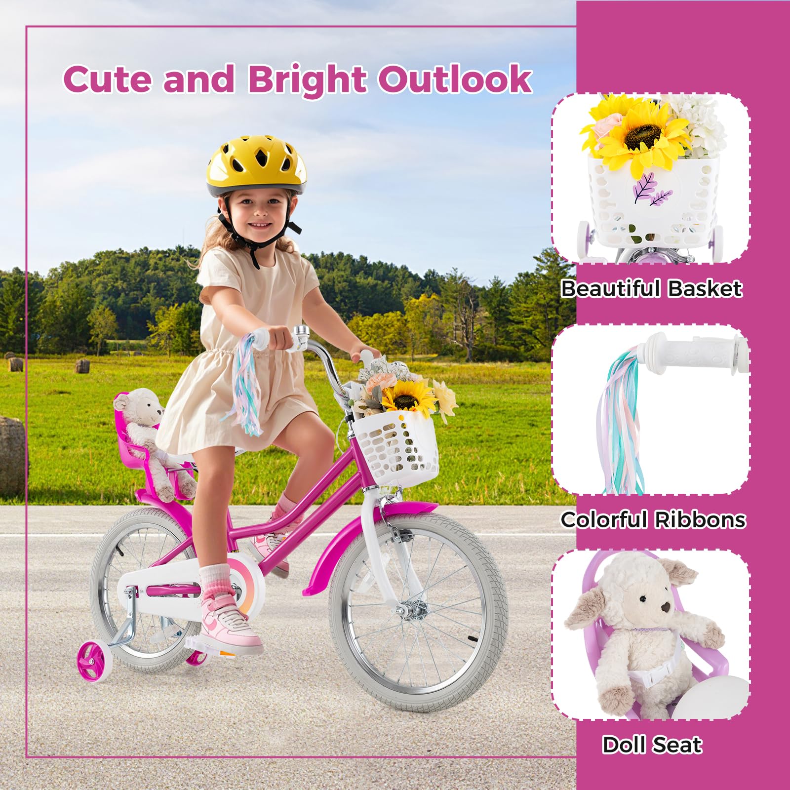 Baby Joy Girls Bike, 18 Inches Kids Bicycle W/Basket, Doll Seat, Colorful Streamers, Training Wheels, Reflectors, Handbrake & Co