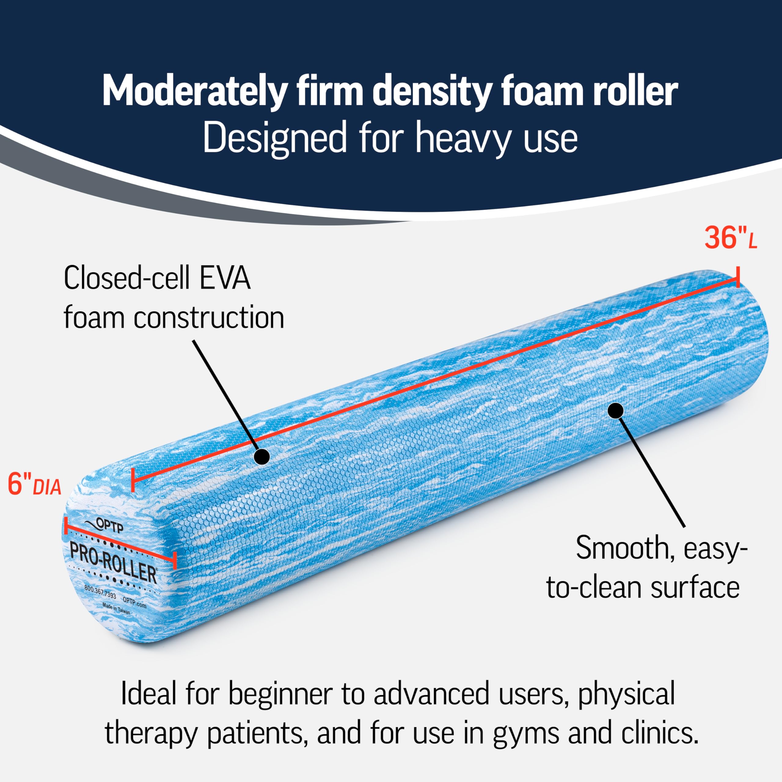 Optp Pro-Roller Standard Density Foam Roller - Durable Roller For Back Massage, Deep Tissue Foam Roller Exercises, Stretching, F