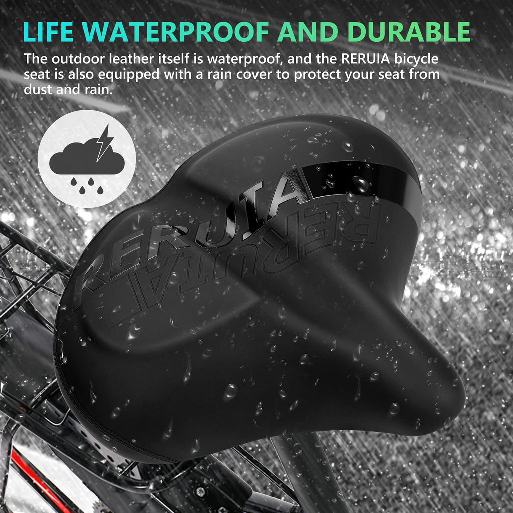 Reruia Large Bike Seat Comfortable And Wide Saddle Dual Shock Absorbing Exercise Bicycle Seat Leather Cover Waterproof Universal