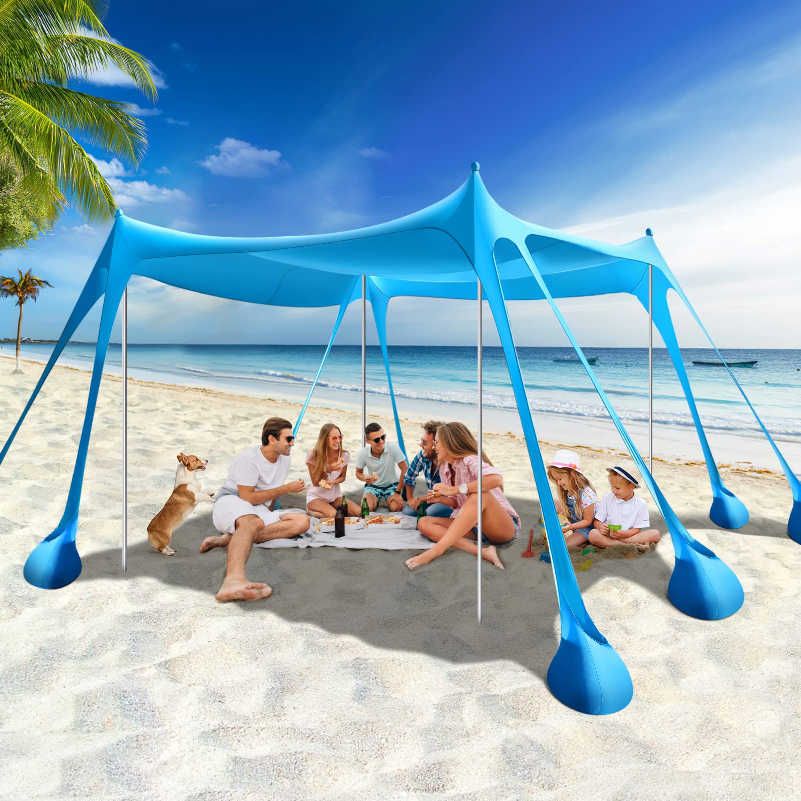 Rhino Valley Beach Tent Canopy Sun Shade, 10x10 FT Portable Family Beach Shade Canopy UPF50+ with 8 Sandbags 4 Aluminum Poles, P