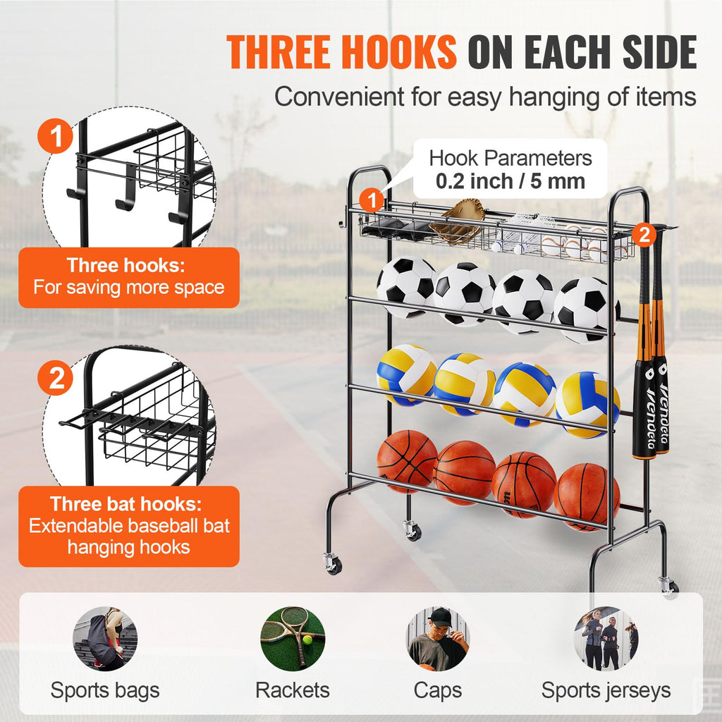Vevor Basketball Rack, 4-Layers Rolling Basketball Shooting Training Stand, Sports Equipment Storage Organizer With Wheels, Hook